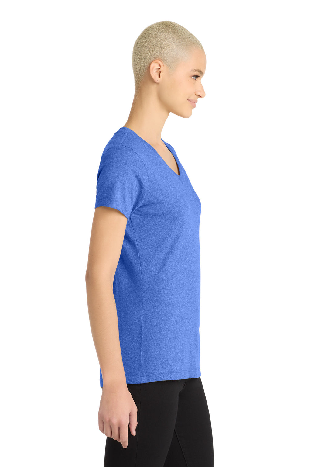 District Women's Perfect Blend CVC V-Neck Tee. DM1190L - Heathered Royal - side