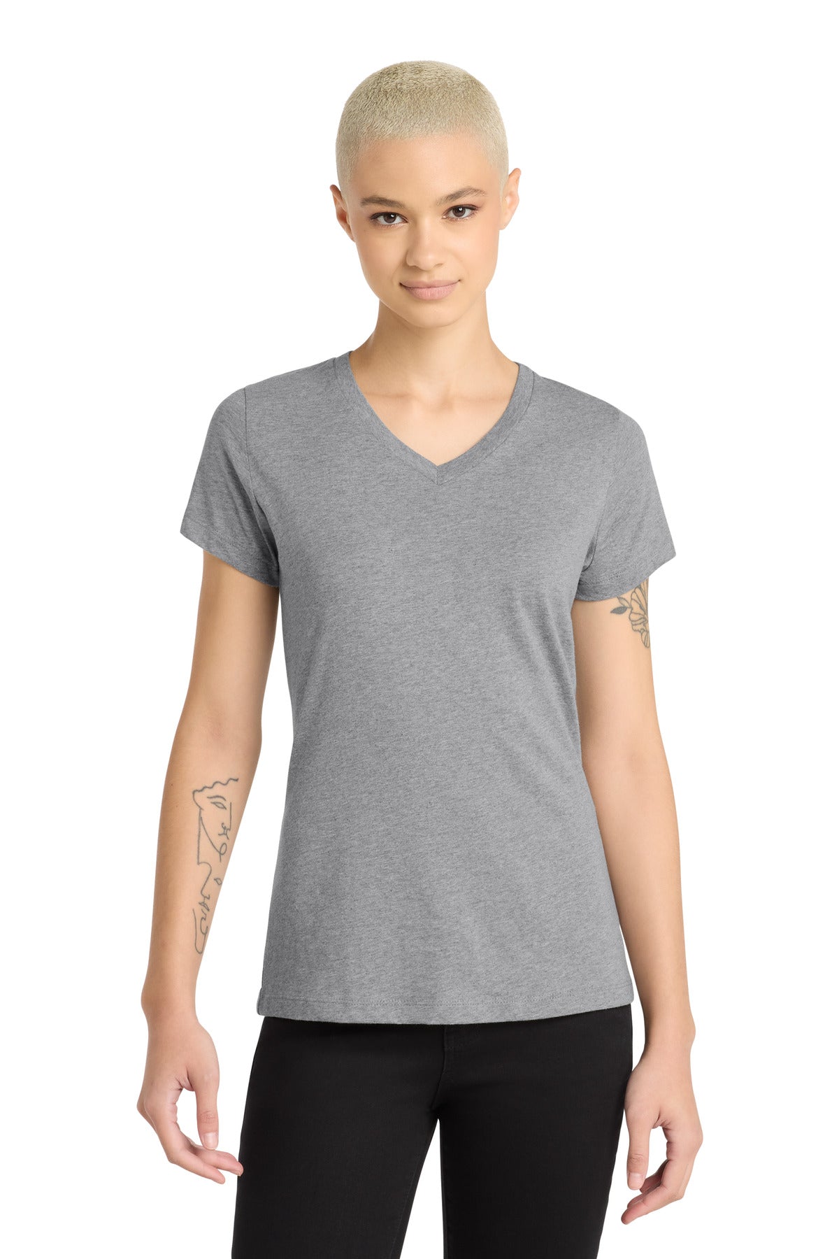 District Women's Perfect Blend CVC V-Neck Tee. DM1190L - Light Heather Grey - front