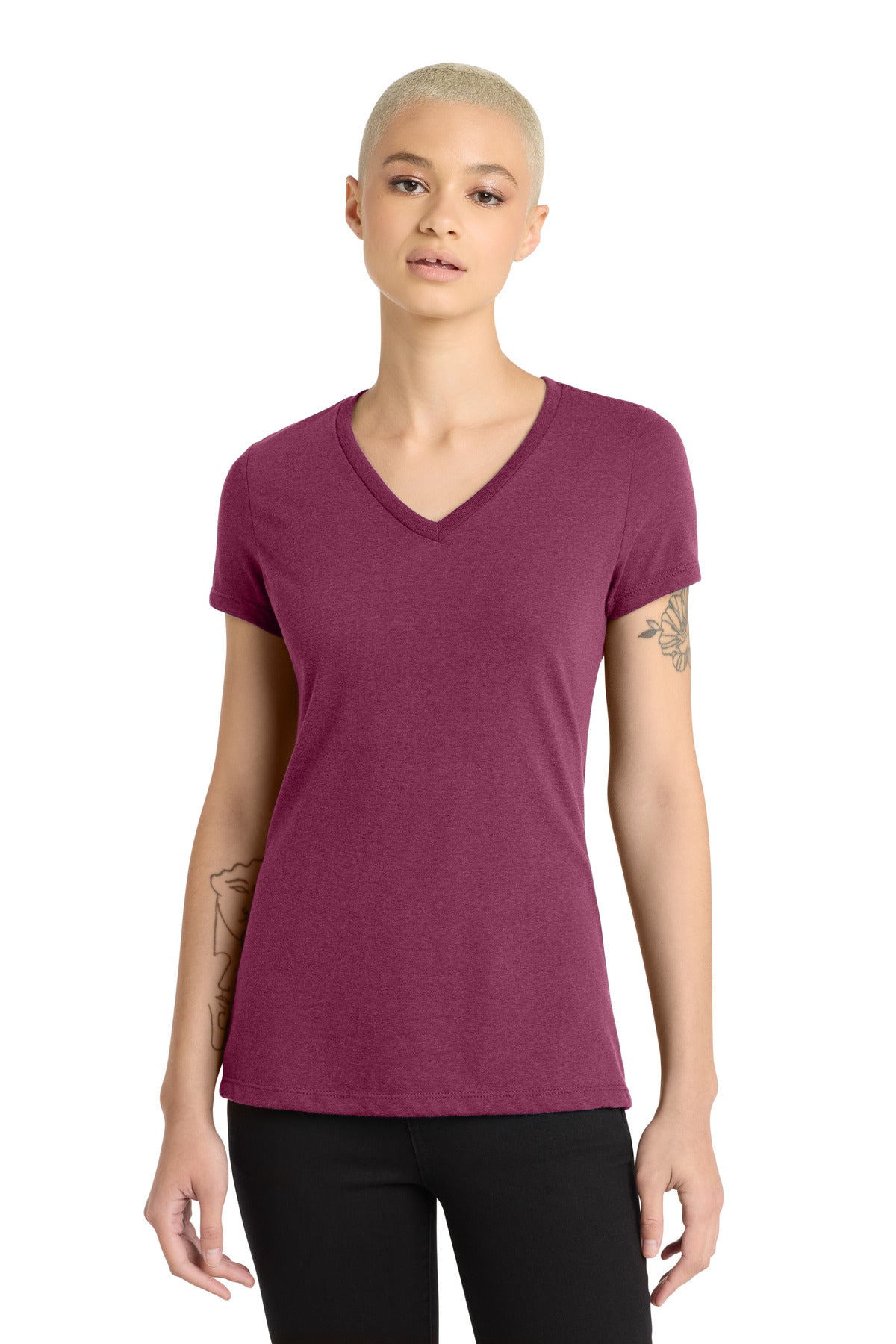 District Women's Perfect Blend CVC V-Neck Tee. DM1190L - Raspberry Fleck - front