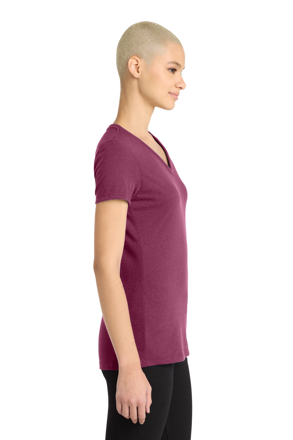 District Women's Perfect Blend CVC V-Neck Tee. DM1190L - Raspberry Fleck - side