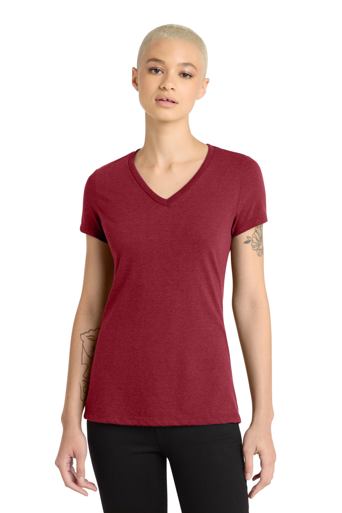 District Women's Perfect Blend CVC V-Neck Tee. DM1190L - Red Fleck - front