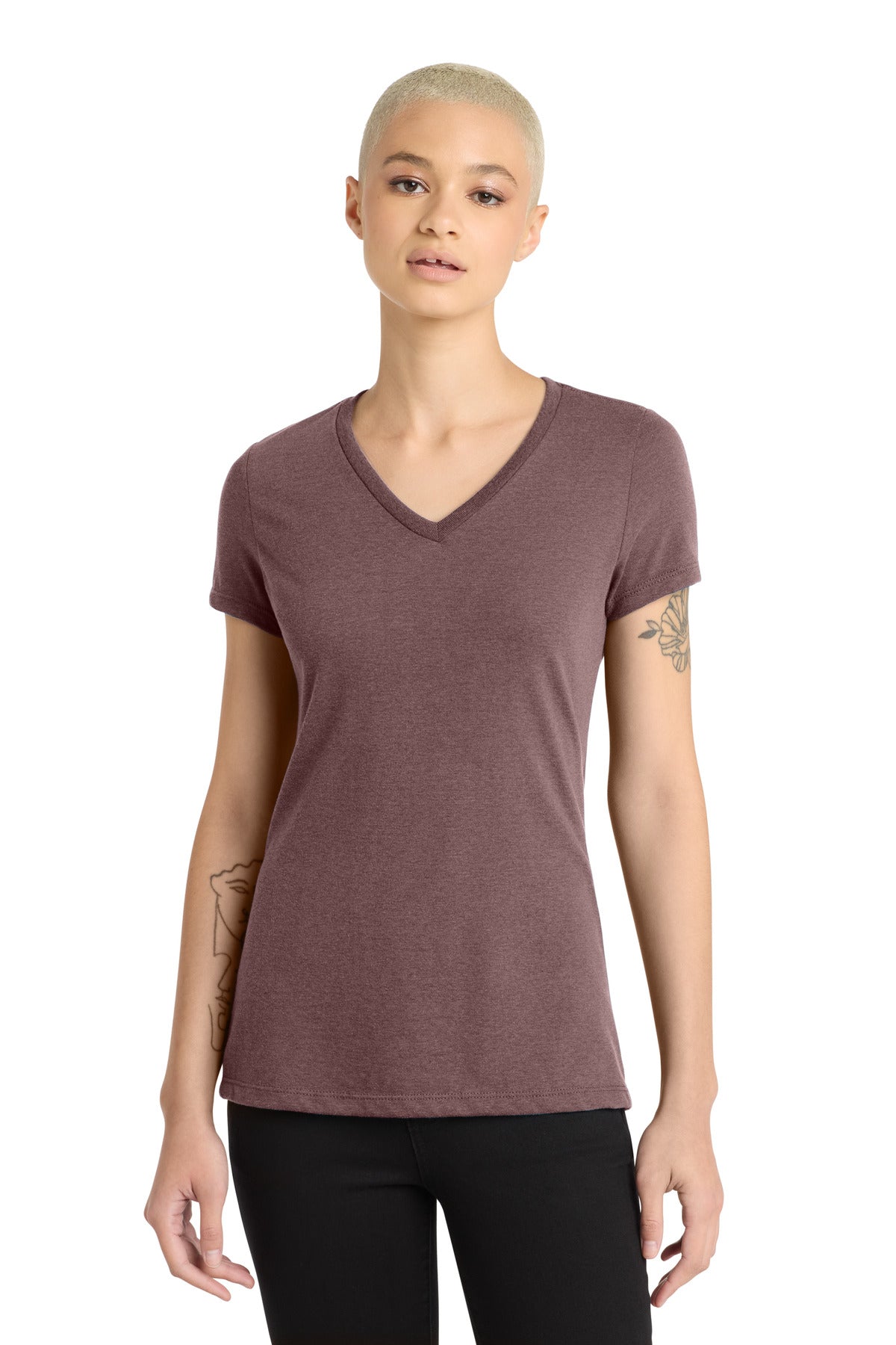 District Women's Perfect Blend CVC V-Neck Tee. DM1190L - Rose Fleck - front