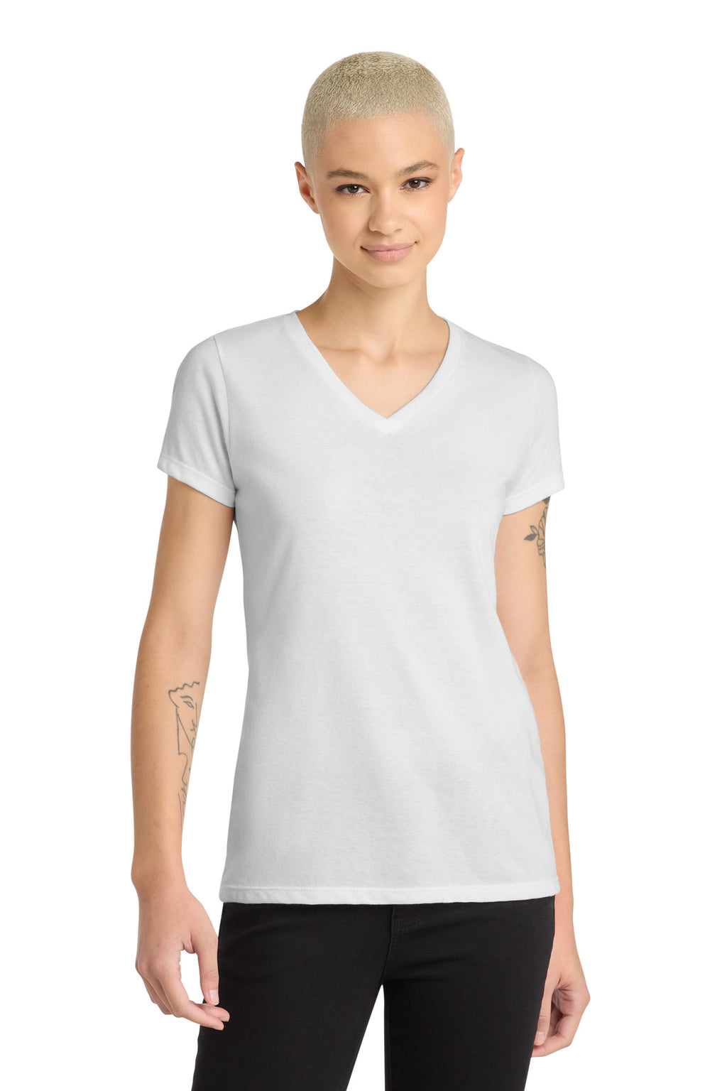 District Women's Perfect Blend CVC V-Neck Tee. DM1190L - White - front