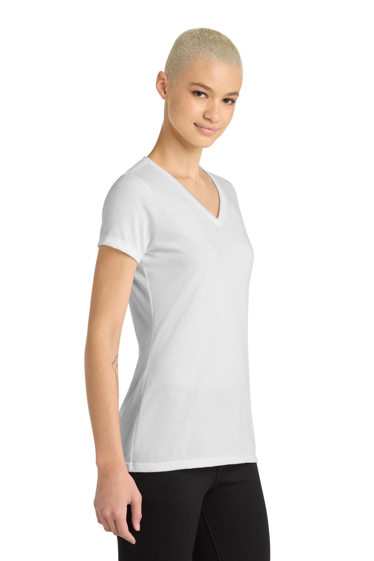 District Women's Perfect Blend CVC V-Neck Tee. DM1190L - White - side