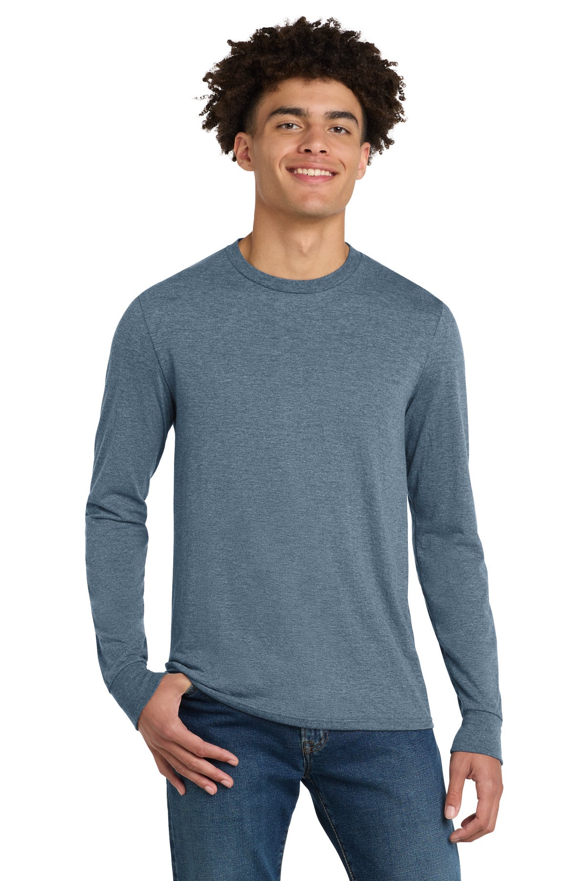 District Perfect Tri Long Sleeve Tee . DM132 - Flint Blue Heather - front