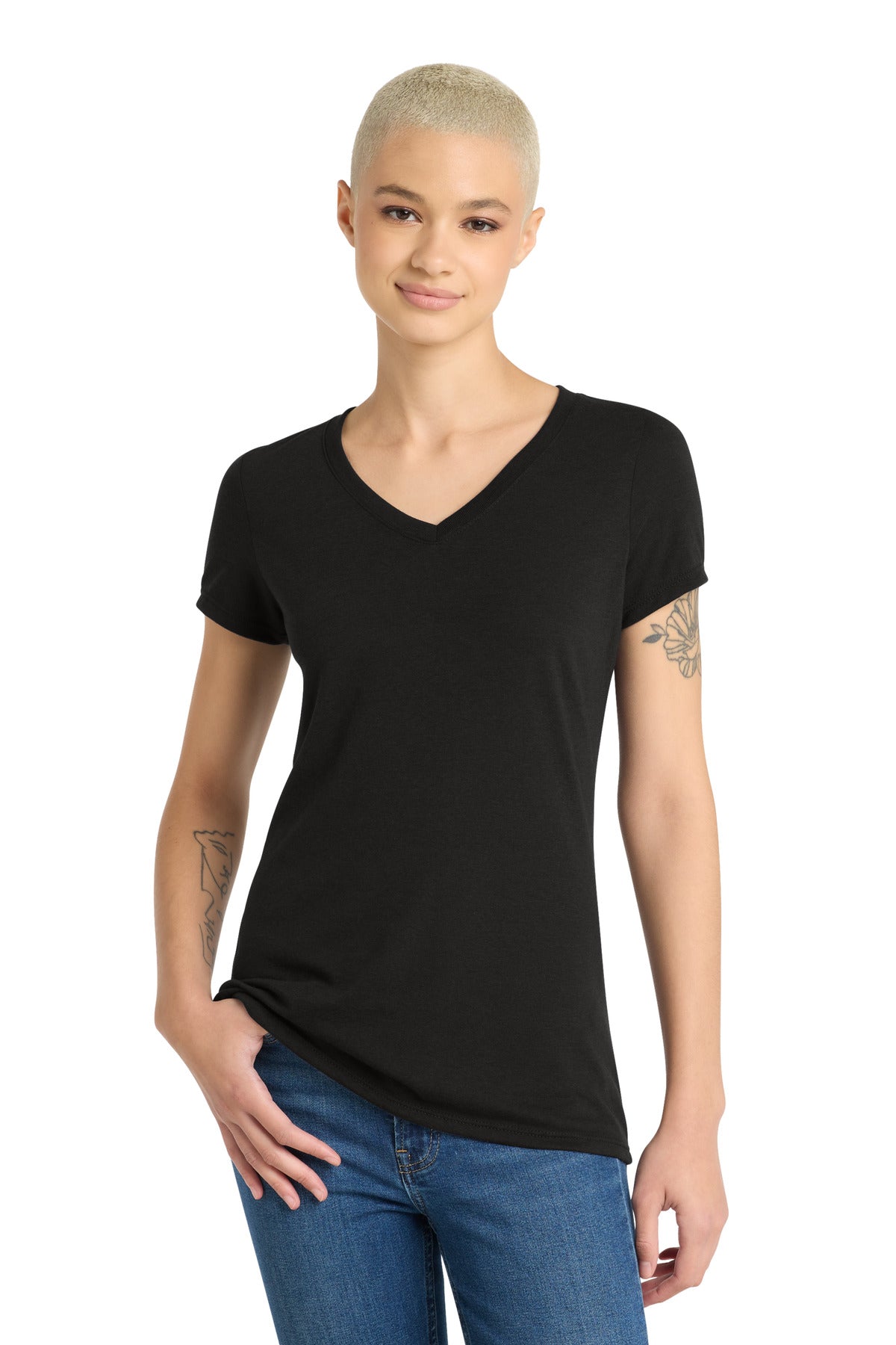 District Women's Perfect Tri V-Neck Tee. DM1350L - Black - front