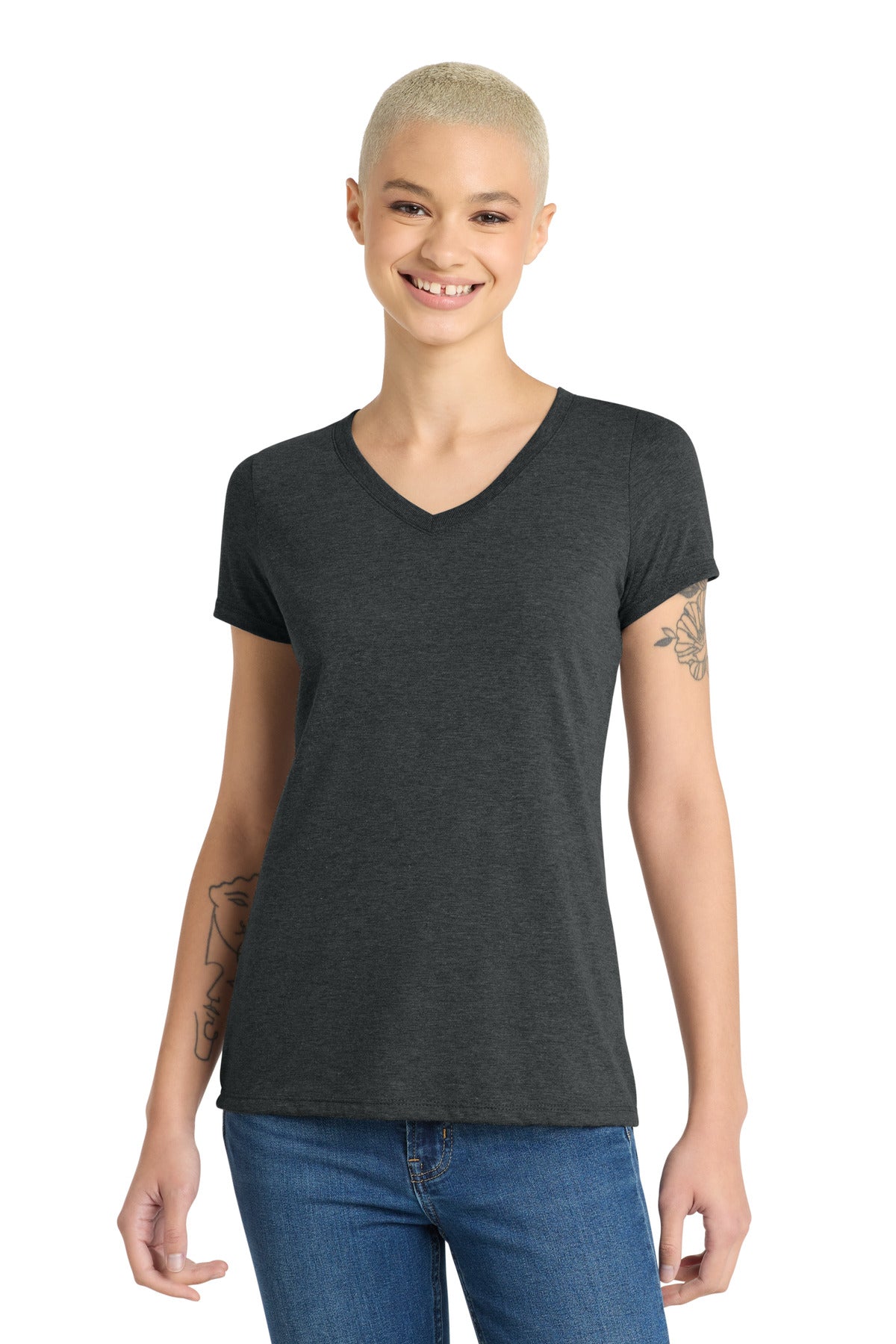 District Women's Perfect Tri V-Neck Tee. DM1350L - Black Frost - front