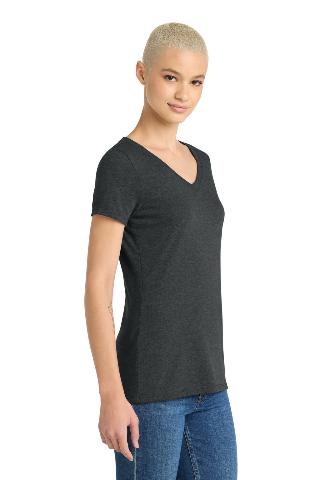 District Women's Perfect Tri V-Neck Tee. DM1350L - Black Frost - side