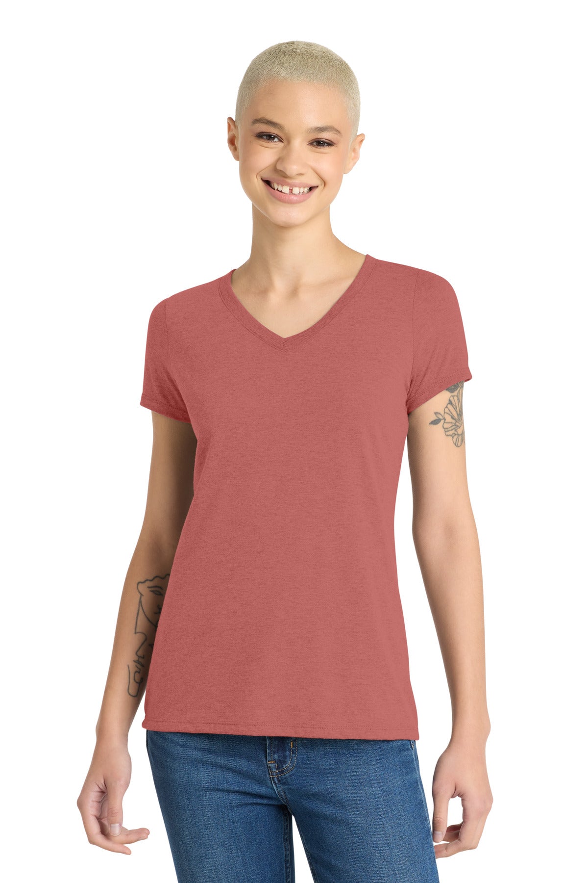 District Women's Perfect Tri V-Neck Tee. DM1350L - Blush Frost - front