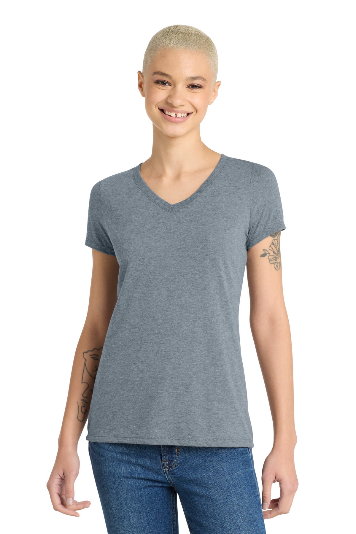 District Women's Perfect Tri V-Neck Tee. DM1350L - Flint Blue Heather - front