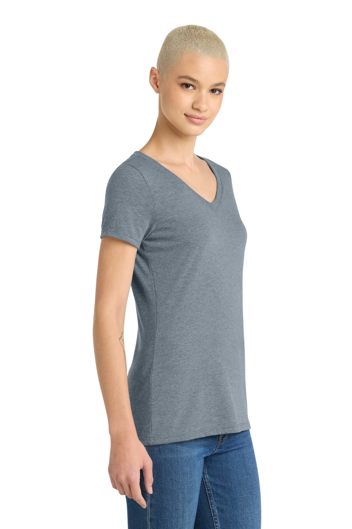 District Women's Perfect Tri V-Neck Tee. DM1350L - Flint Blue Heather - side