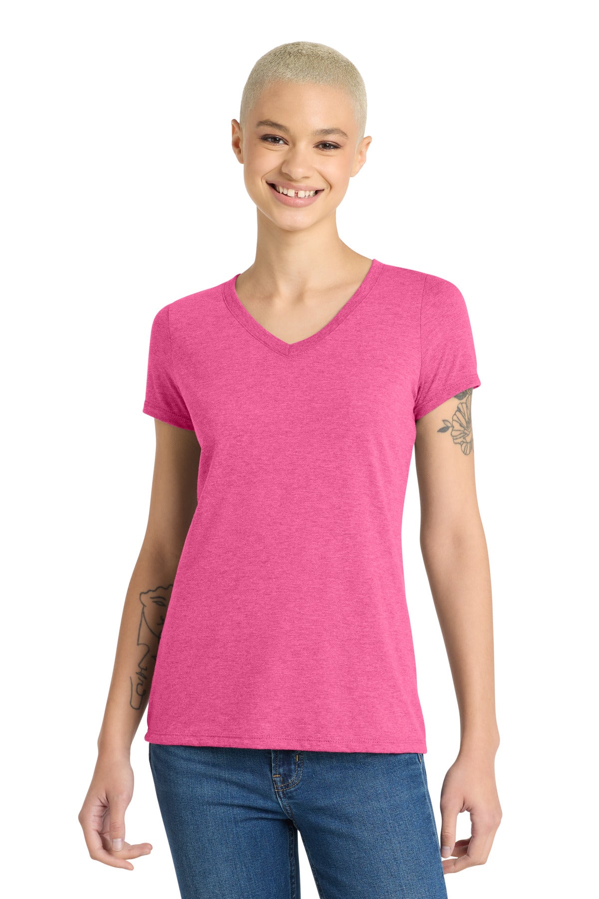 District Women's Perfect Tri V-Neck Tee. DM1350L - Fuchsia Frost - front