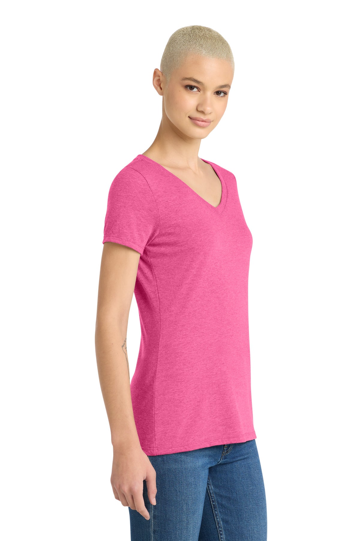 District Women's Perfect Tri V-Neck Tee. DM1350L - Fuchsia Frost - side