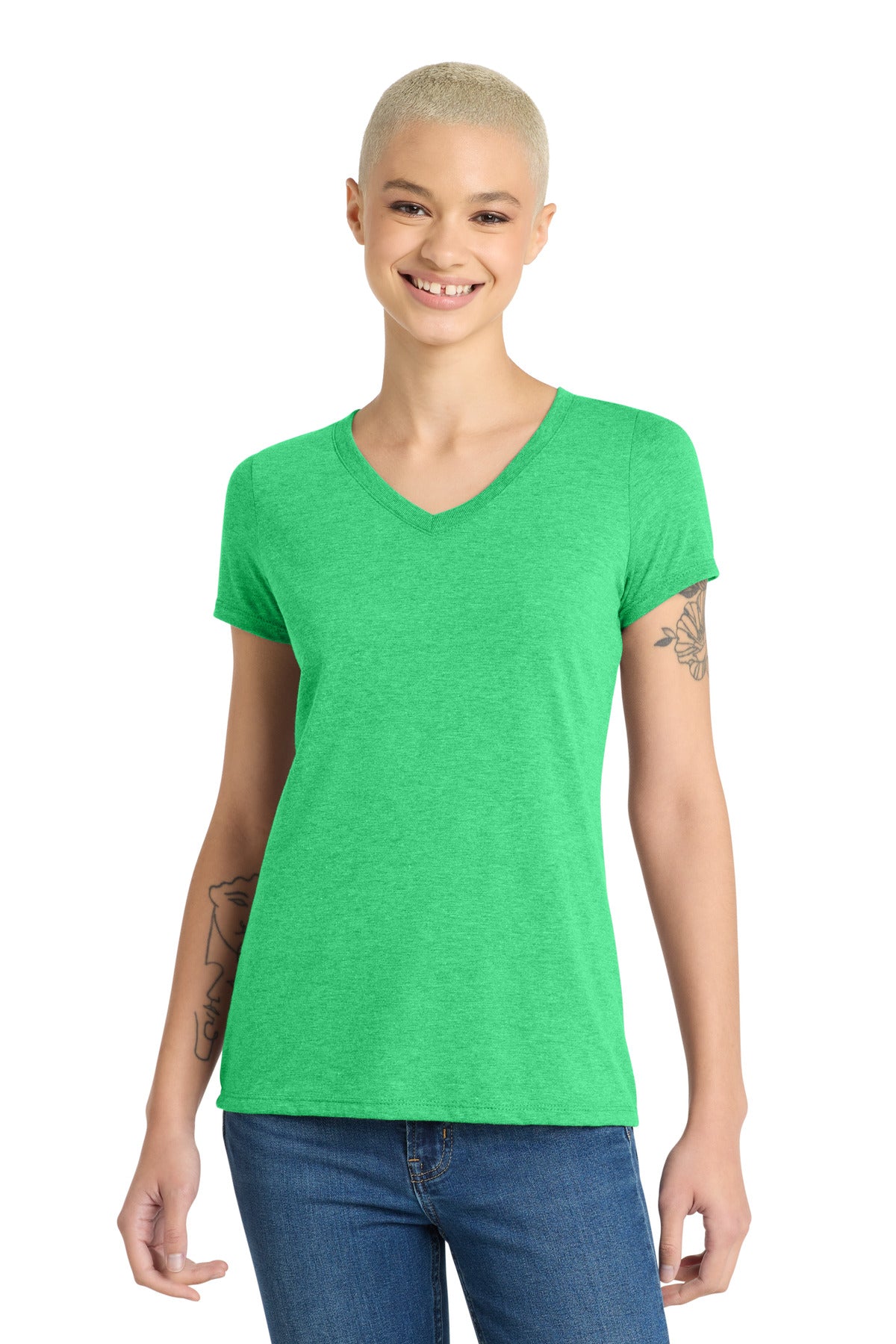 District Women's Perfect Tri V-Neck Tee. DM1350L - Green Frost - front