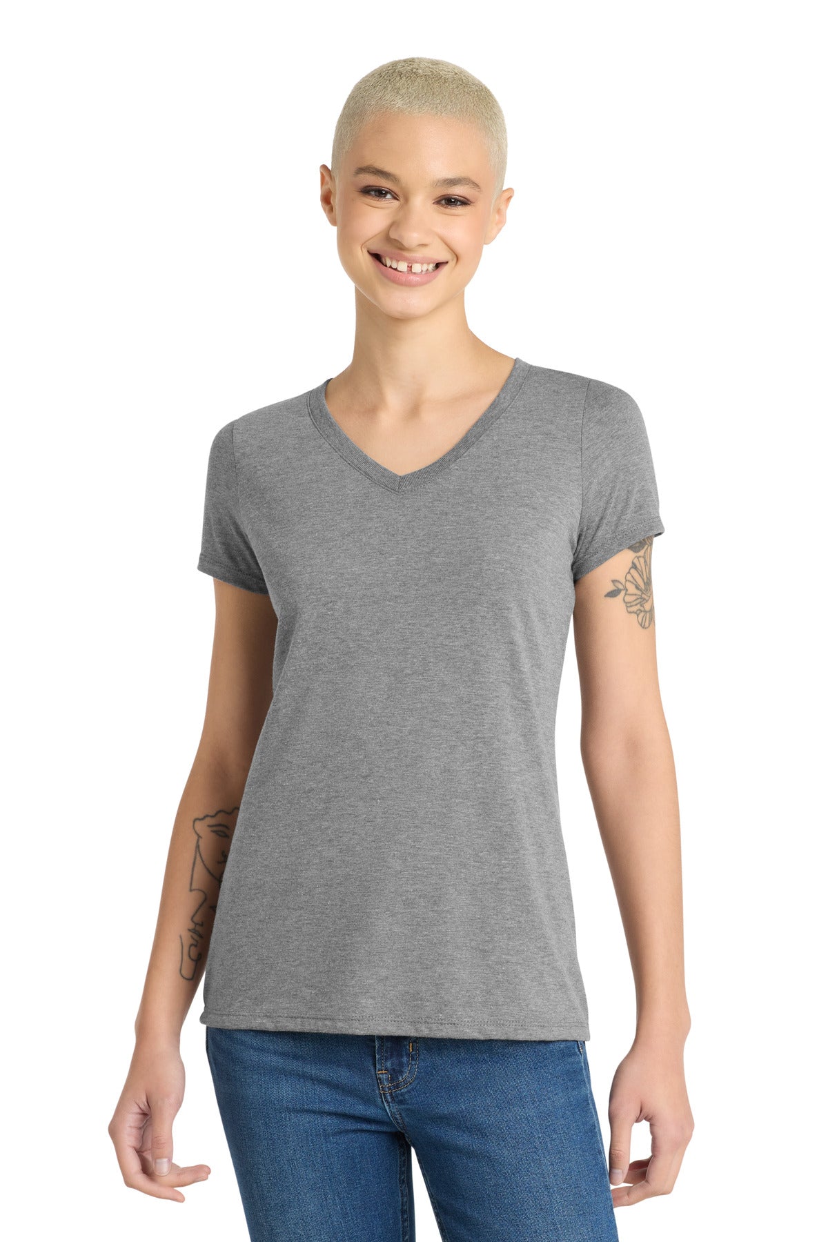 District Women's Perfect Tri V-Neck Tee. DM1350L - Grey Frost - front