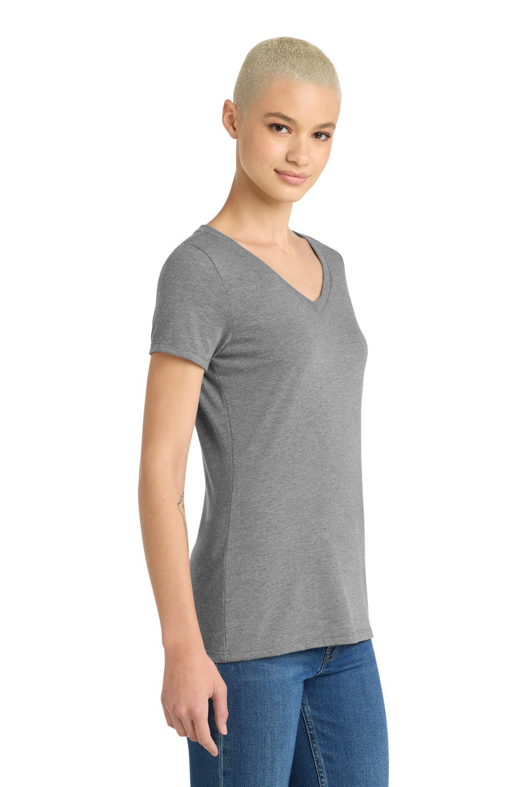 District Women's Perfect Tri V-Neck Tee. DM1350L - Grey Frost - side