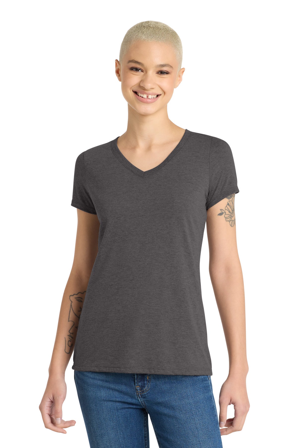 District Women's Perfect Tri V-Neck Tee. DM1350L - Heathered Charcoal - front