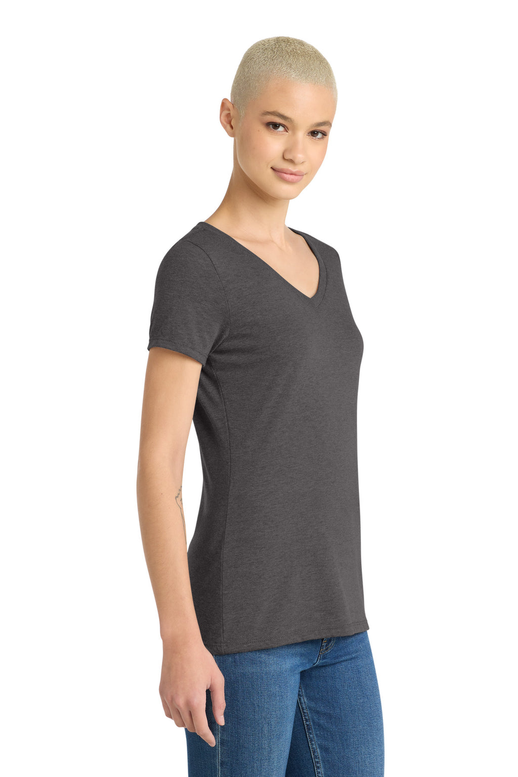 District Women's Perfect Tri V-Neck Tee. DM1350L - Heathered Charcoal - side