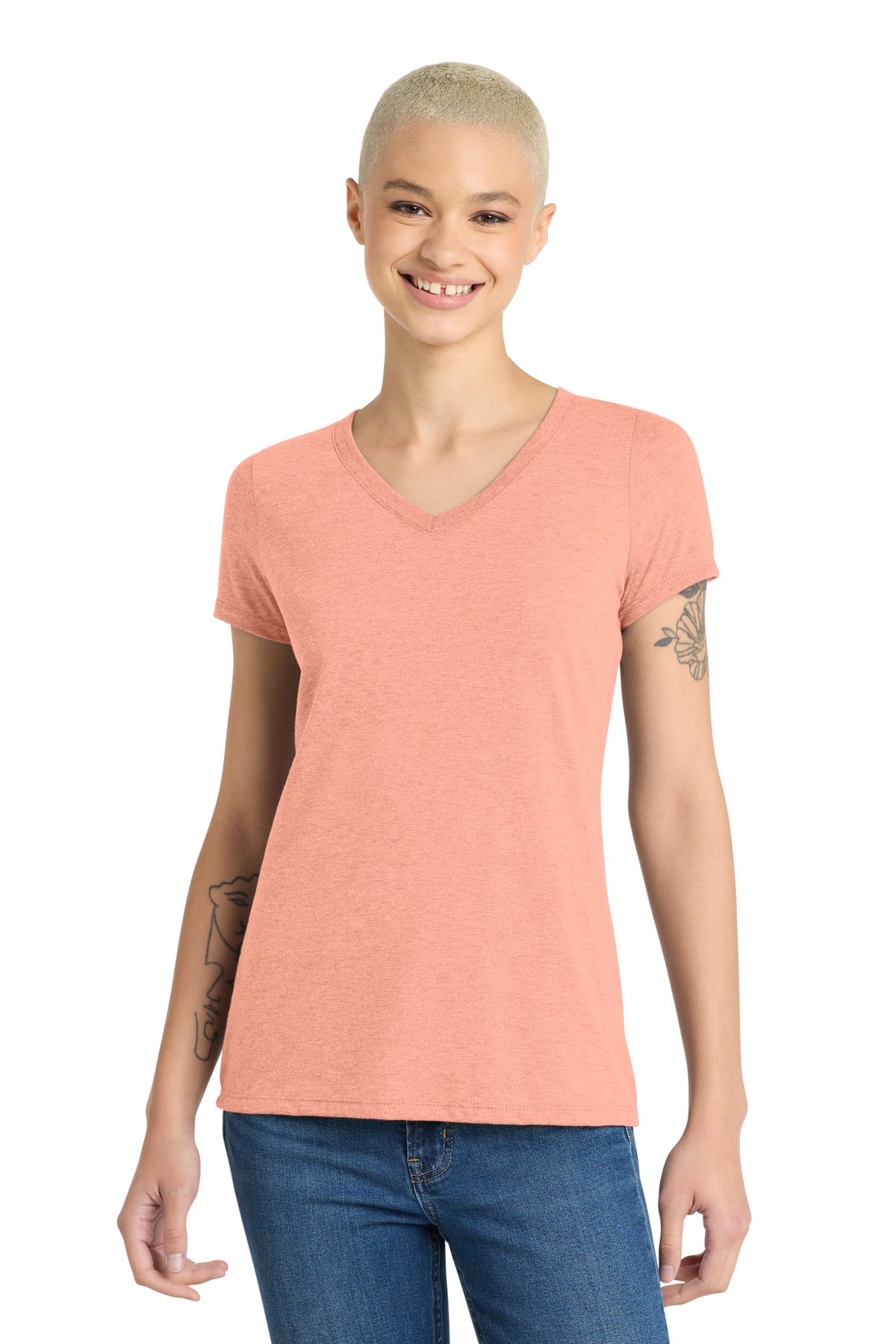 District Women's Perfect Tri V-Neck Tee. DM1350L - Heathered Dusty Peach - front