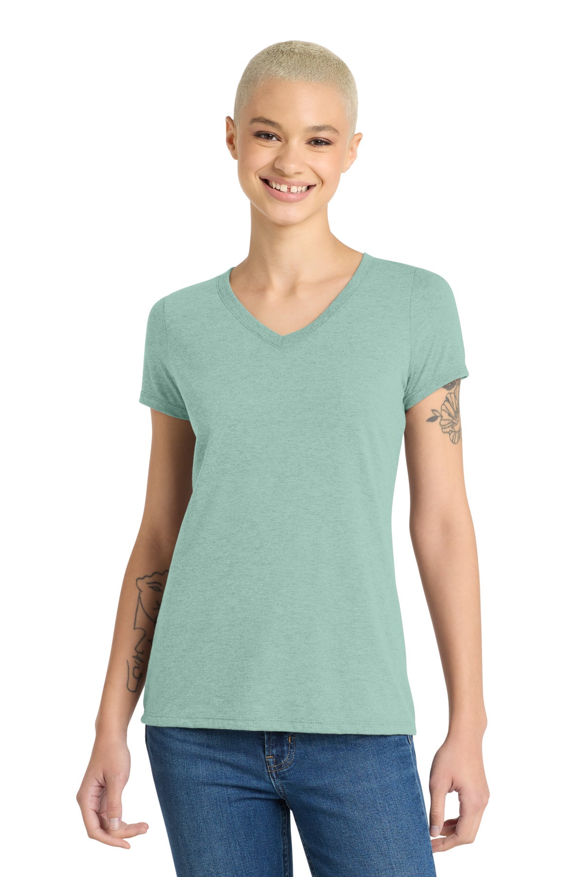 District Women's Perfect Tri V-Neck Tee. DM1350L - Heathered Dusty Sage - front