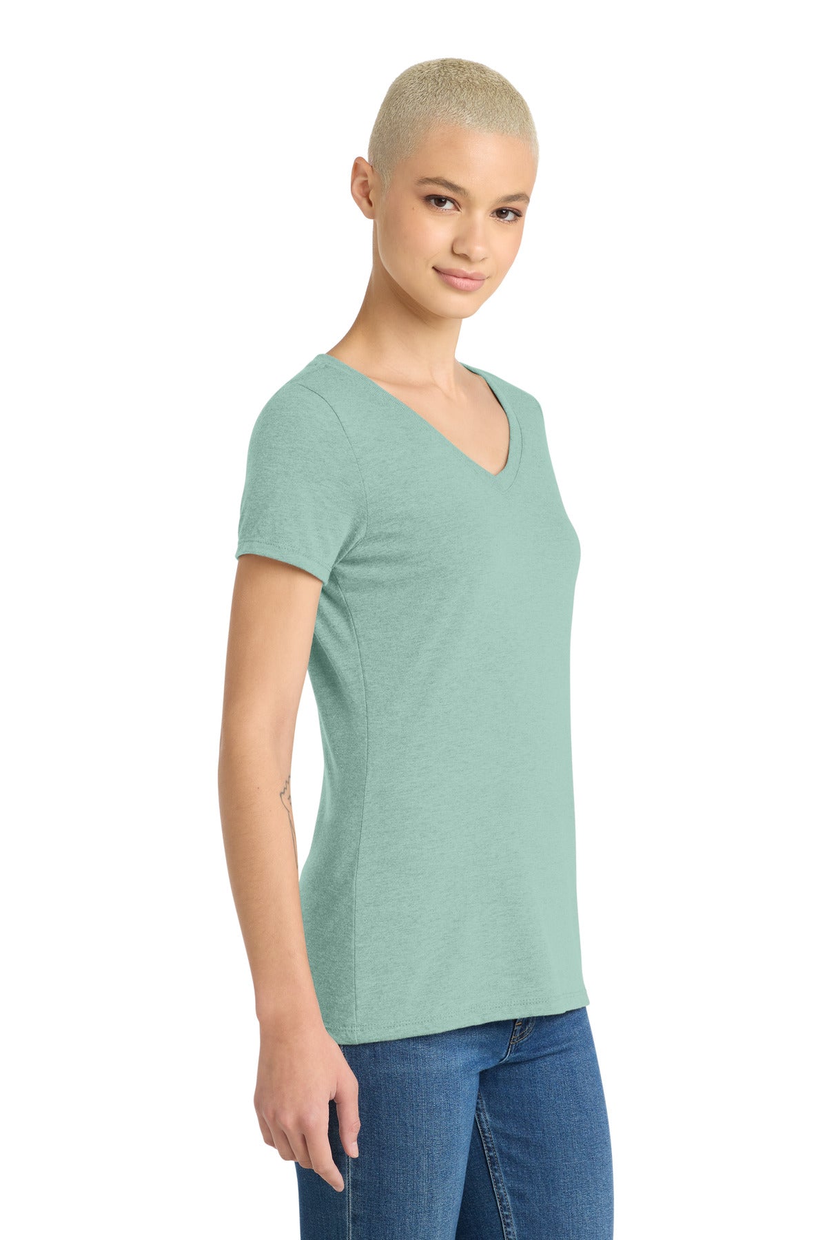 District Women's Perfect Tri V-Neck Tee. DM1350L - Heathered Dusty Sage - side