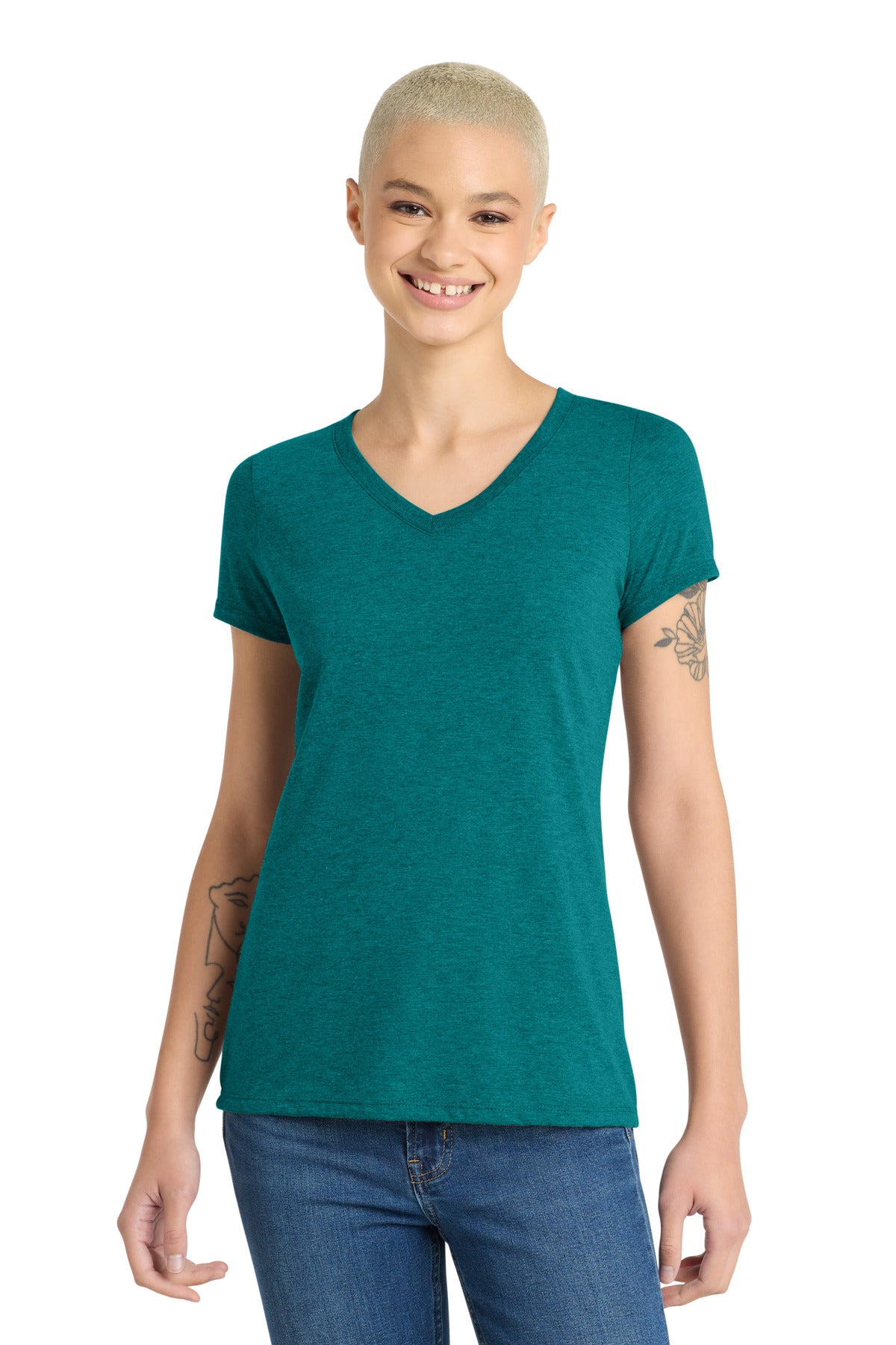 District Women's Perfect Tri V-Neck Tee. DM1350L - Heathered Teal - front