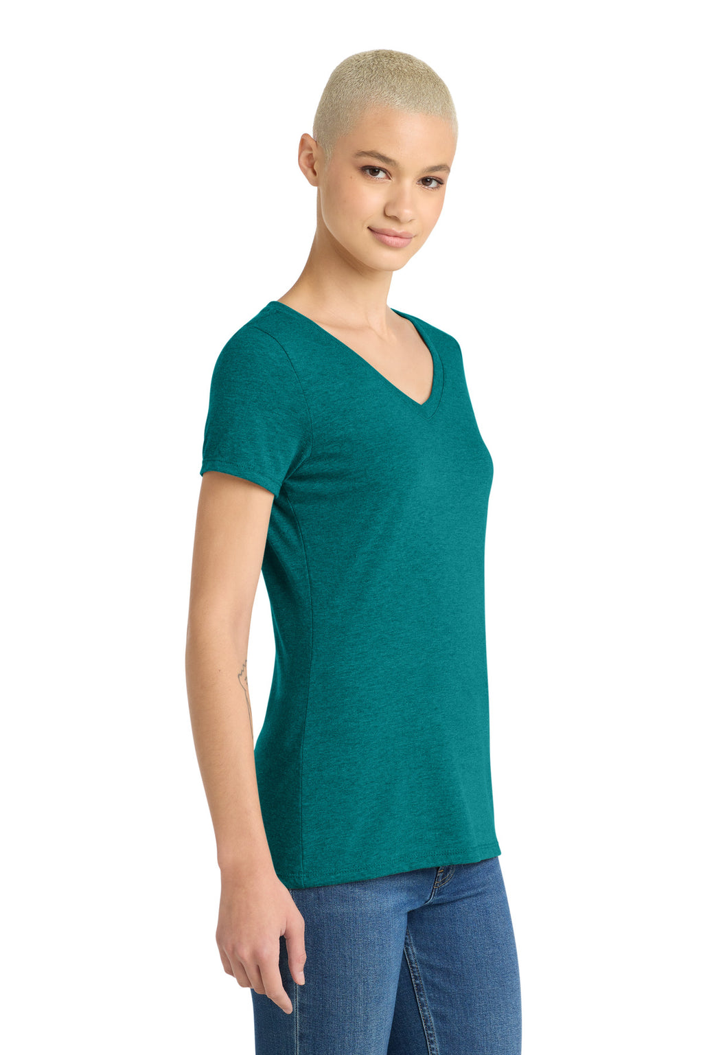 District Women's Perfect Tri V-Neck Tee. DM1350L - Heathered Teal - side