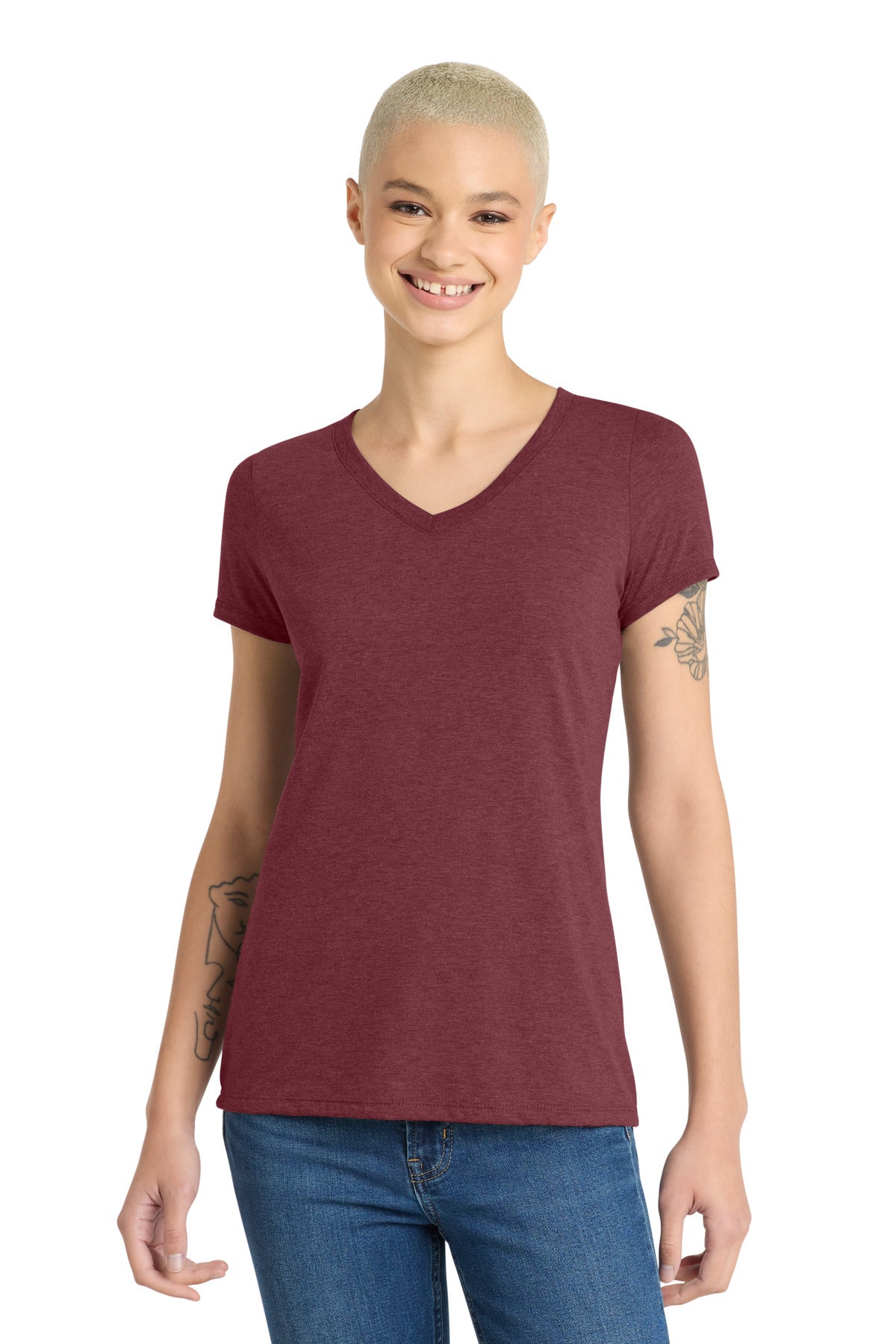 District Women's Perfect Tri V-Neck Tee. DM1350L - Maroon Frost - front