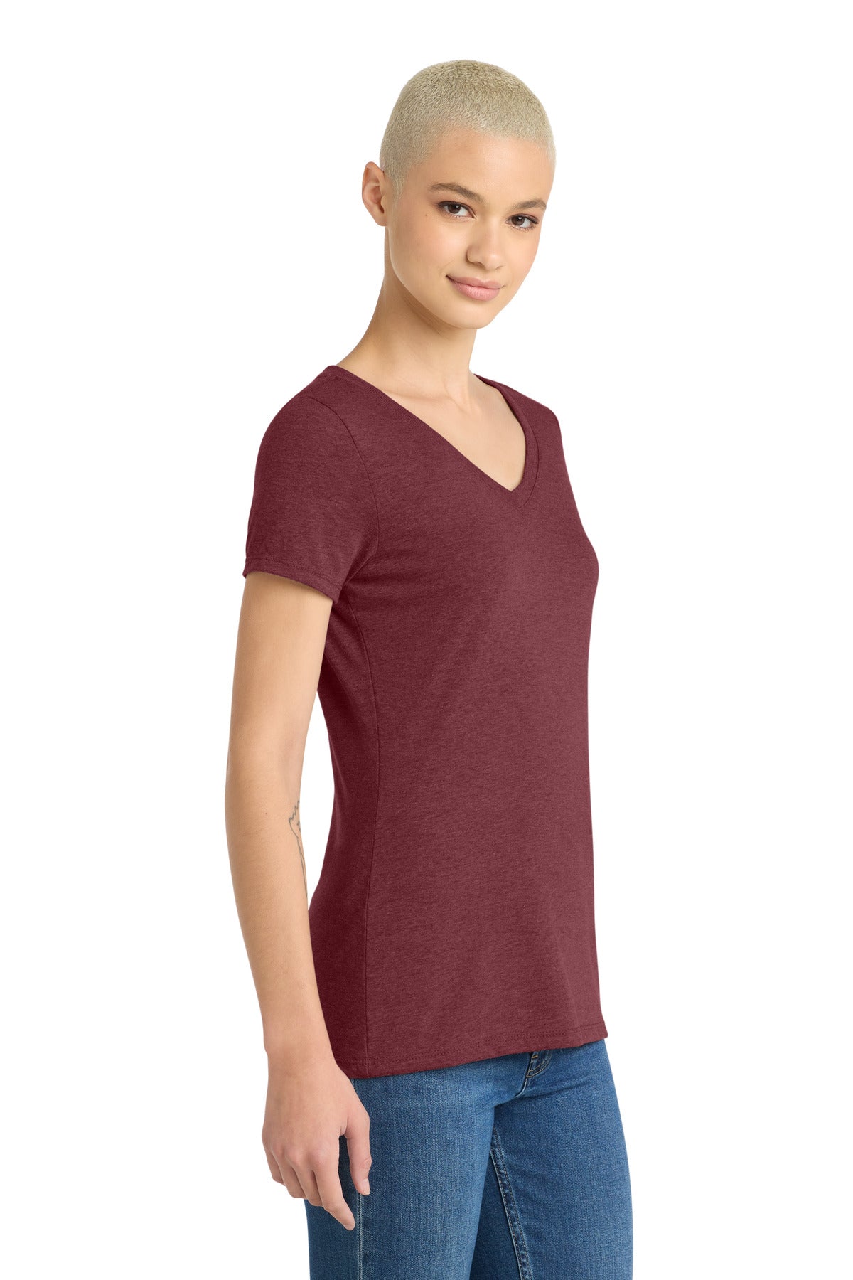 District Women's Perfect Tri V-Neck Tee. DM1350L - Maroon Frost - side