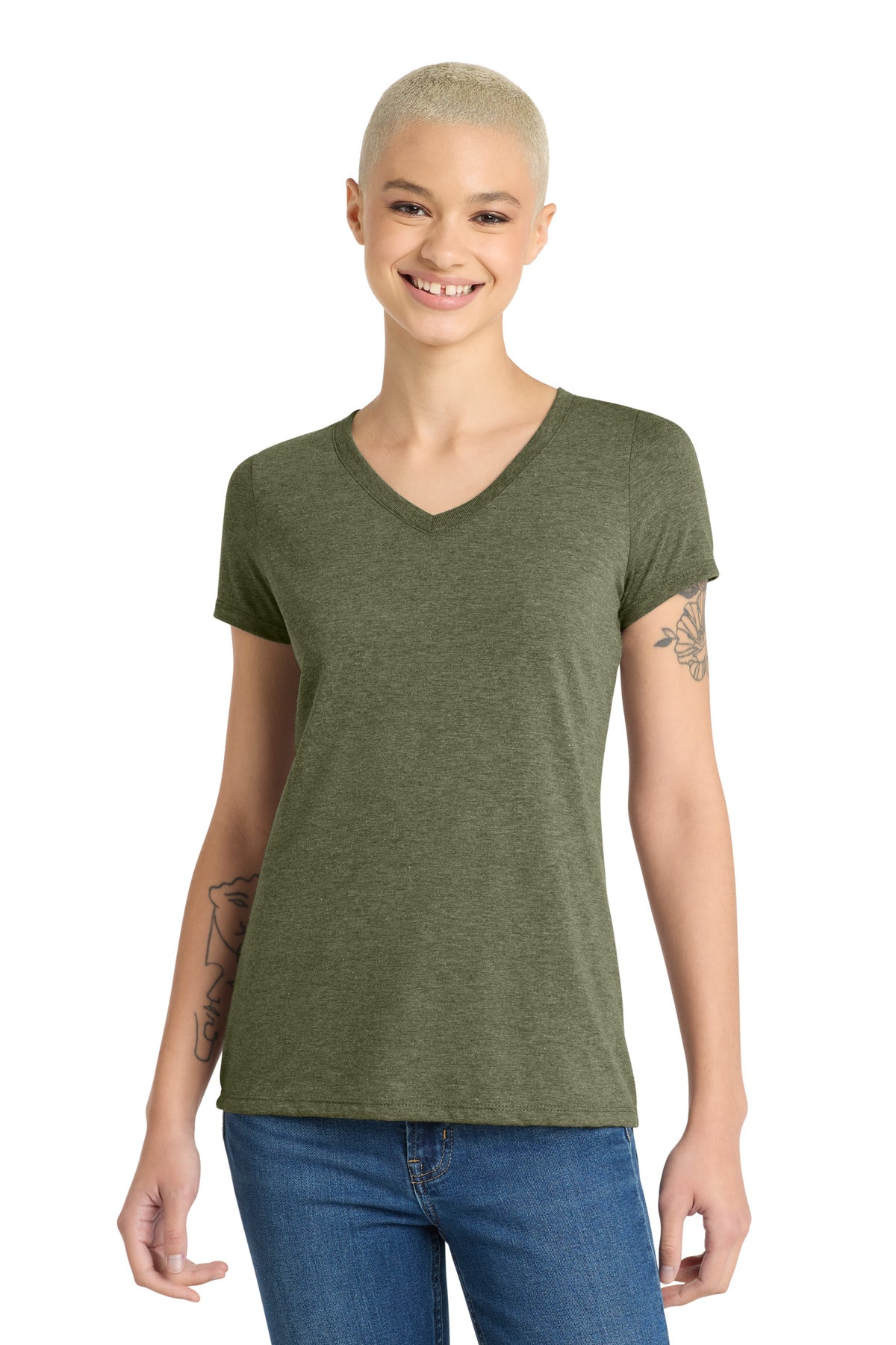 District Women's Perfect Tri V-Neck Tee. DM1350L - Military Green Frost - front