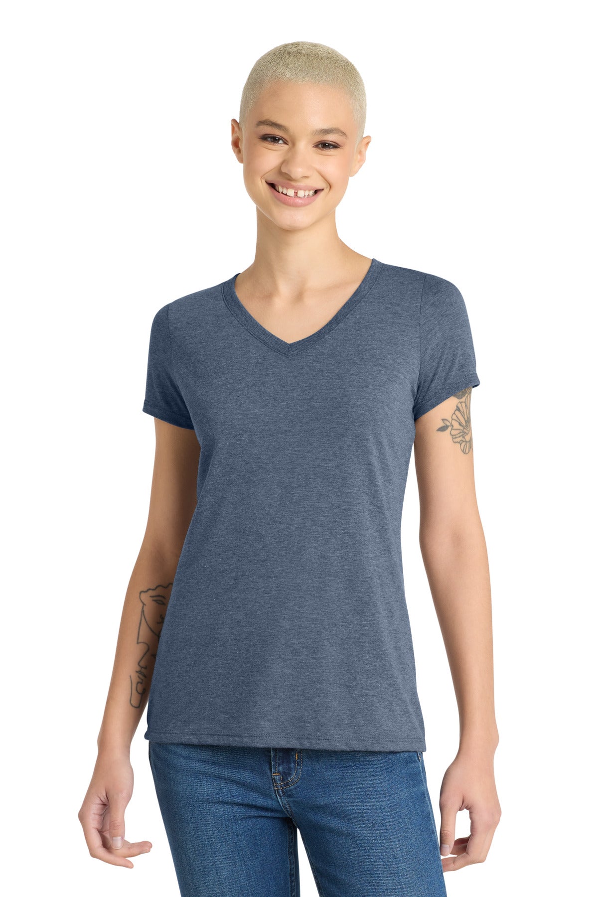 District Women's Perfect Tri V-Neck Tee. DM1350L - Navy Frost - front