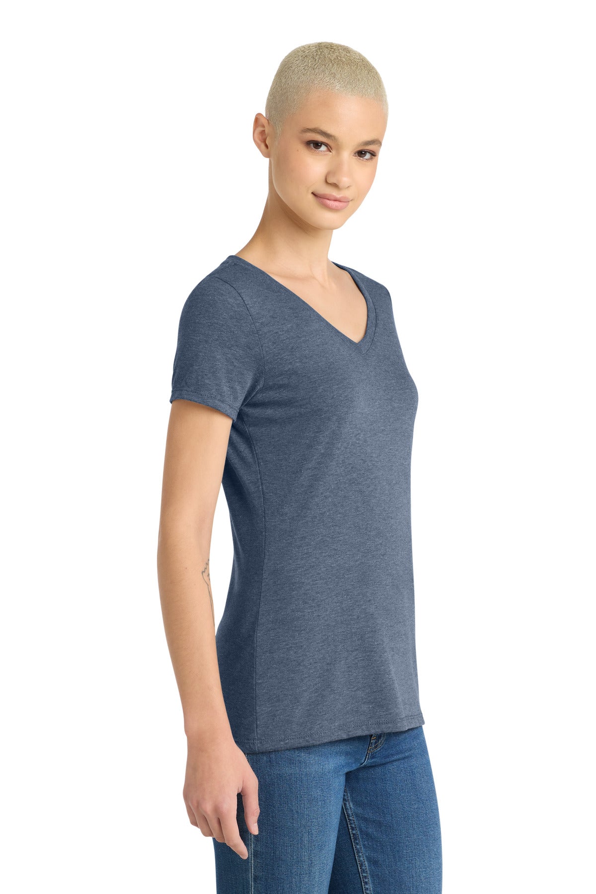 District Women's Perfect Tri V-Neck Tee. DM1350L - Navy Frost - side