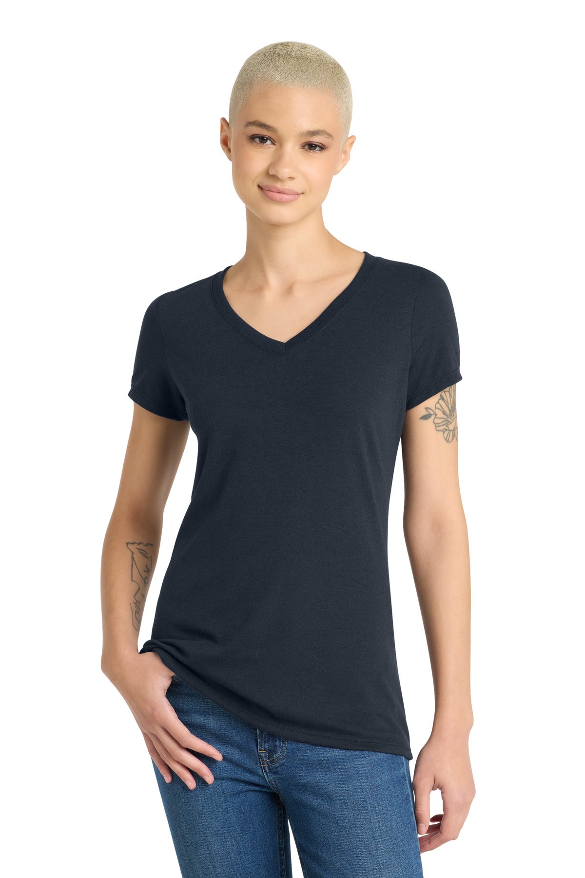 District Women's Perfect Tri V-Neck Tee. DM1350L - New Navy - front