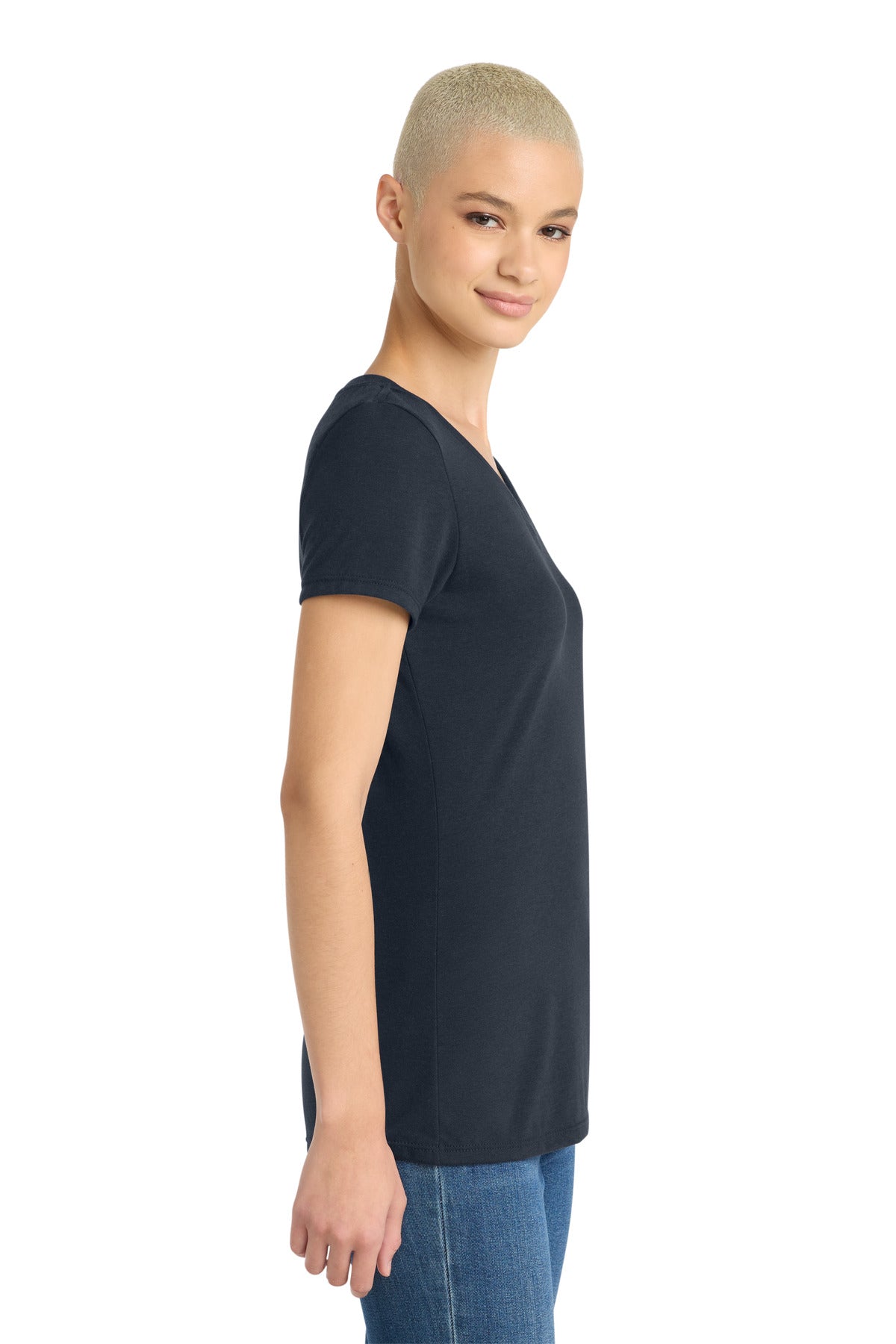 District Women's Perfect Tri V-Neck Tee. DM1350L - New Navy - side