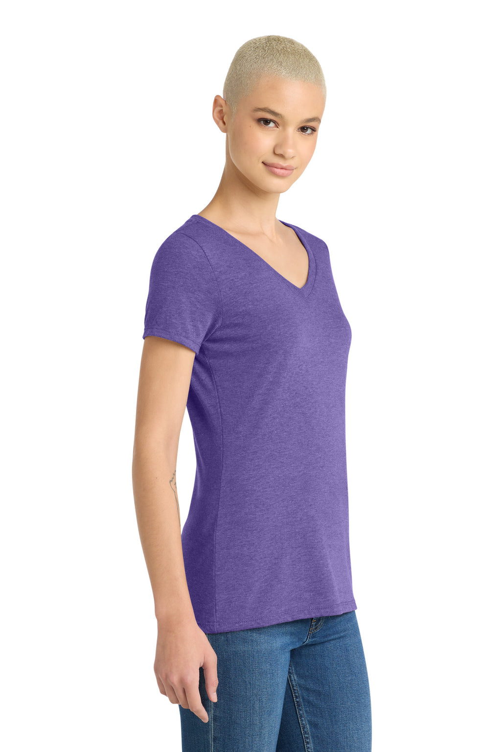 District Women's Perfect Tri V-Neck Tee. DM1350L - Purple Frost - side