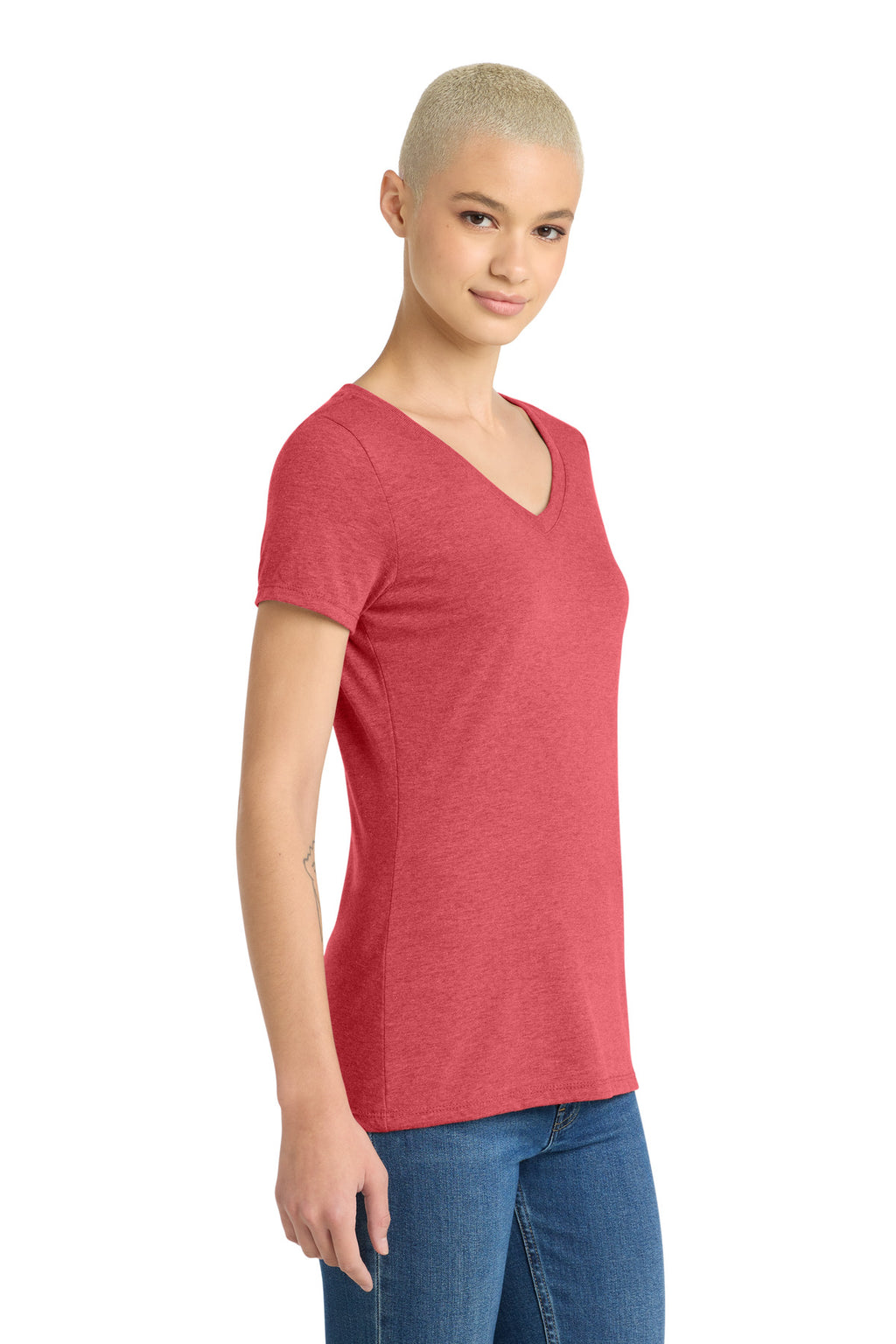 District Women's Perfect Tri V-Neck Tee. DM1350L - Red Frost - side