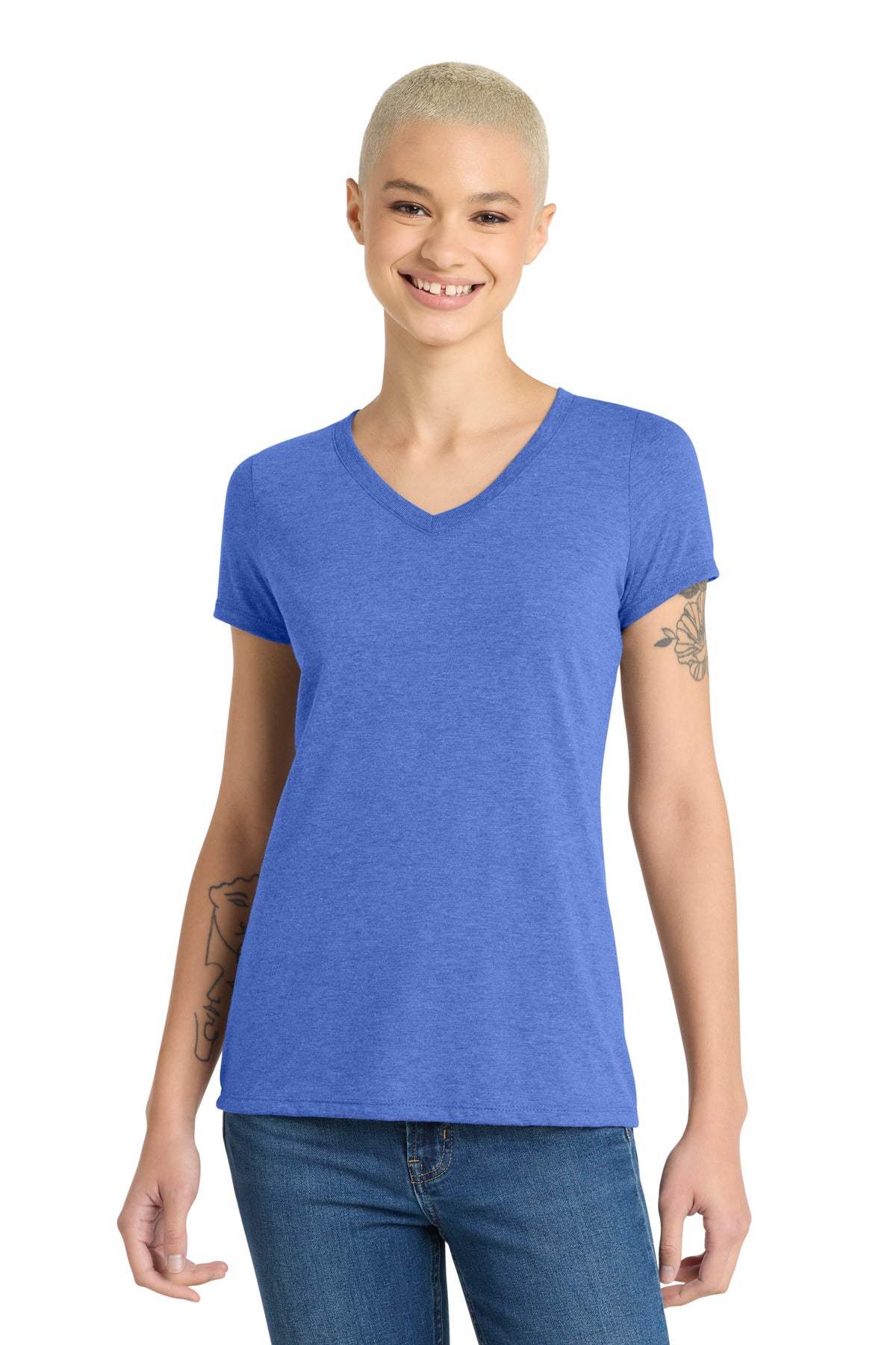 District Women's Perfect Tri V-Neck Tee. DM1350L - Royal Frost - front