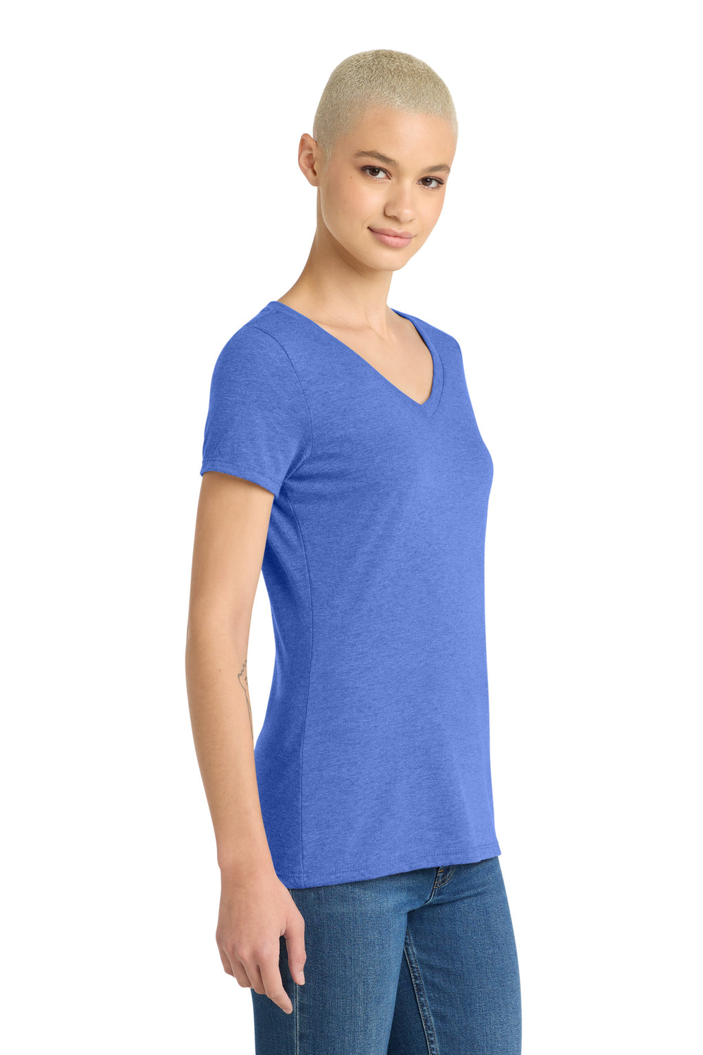 District Women's Perfect Tri V-Neck Tee. DM1350L - Royal Frost - side