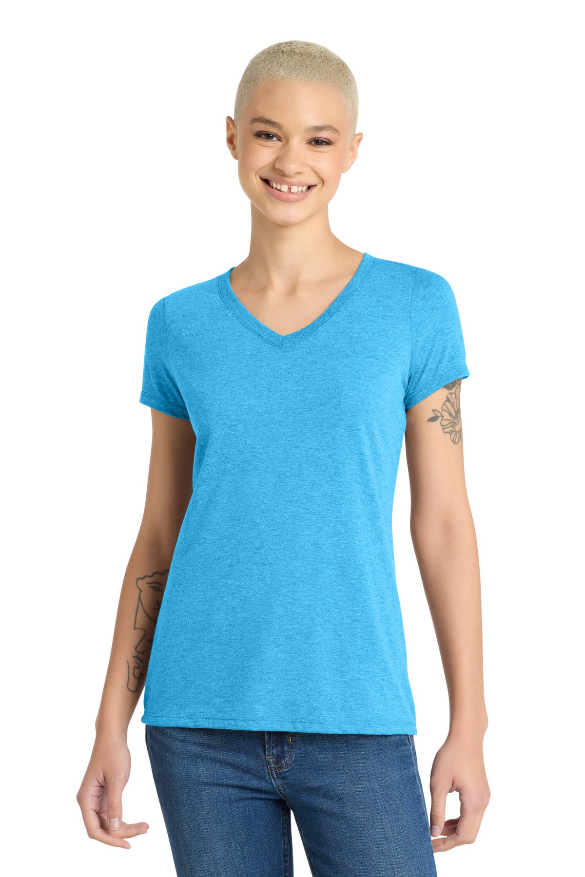 District Women's Perfect Tri V-Neck Tee. DM1350L - Turquoise Frost - front