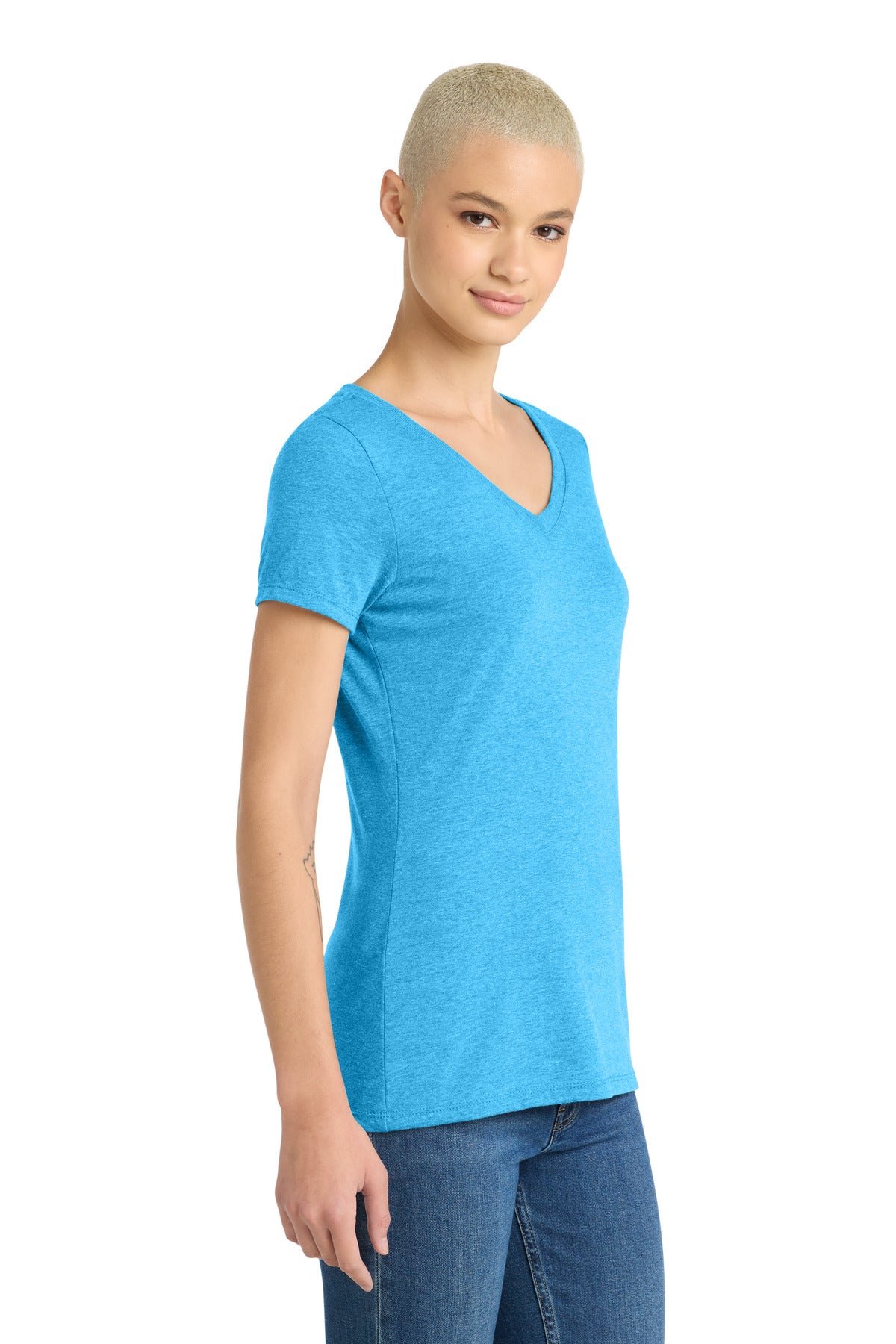 District Women's Perfect Tri V-Neck Tee. DM1350L - Turquoise Frost - side