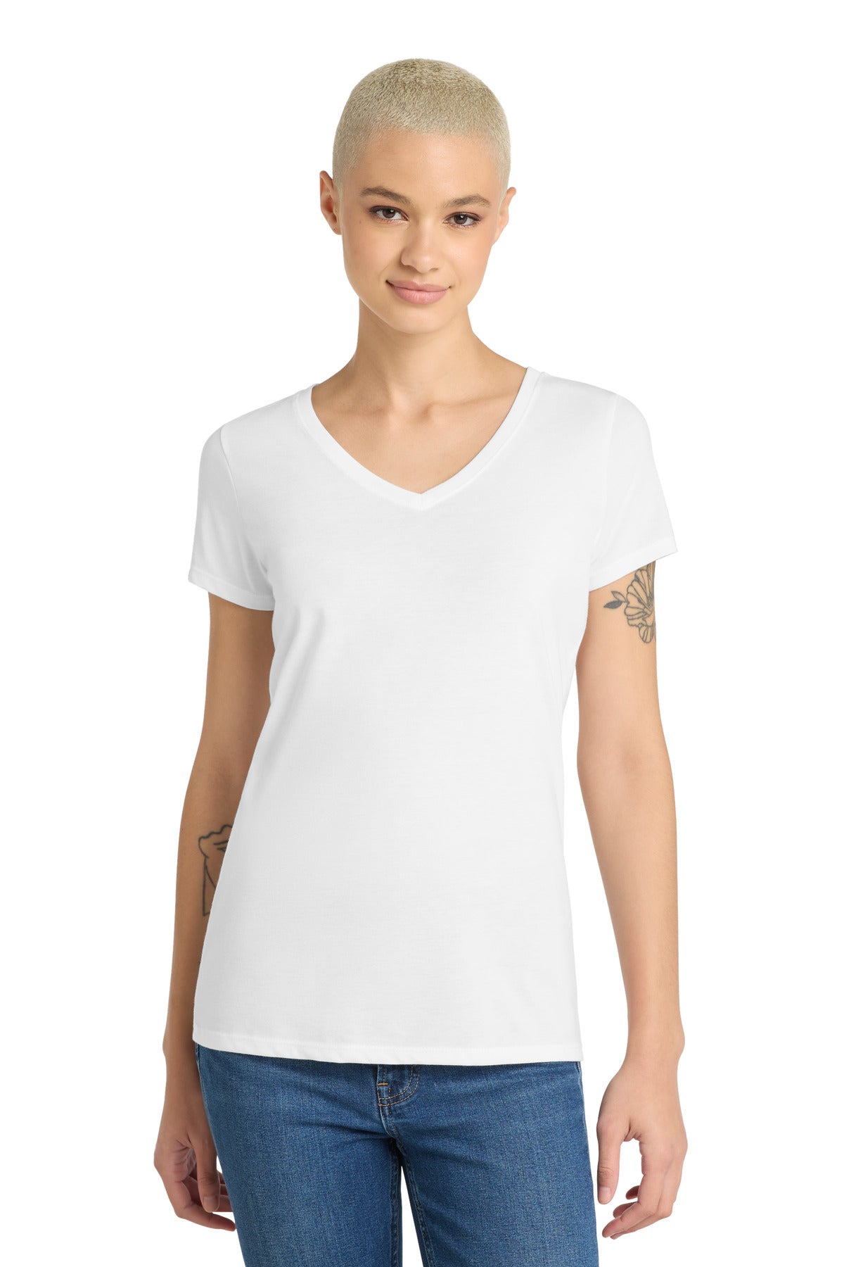 District Women's Perfect Tri V-Neck Tee. DM1350L - White - front