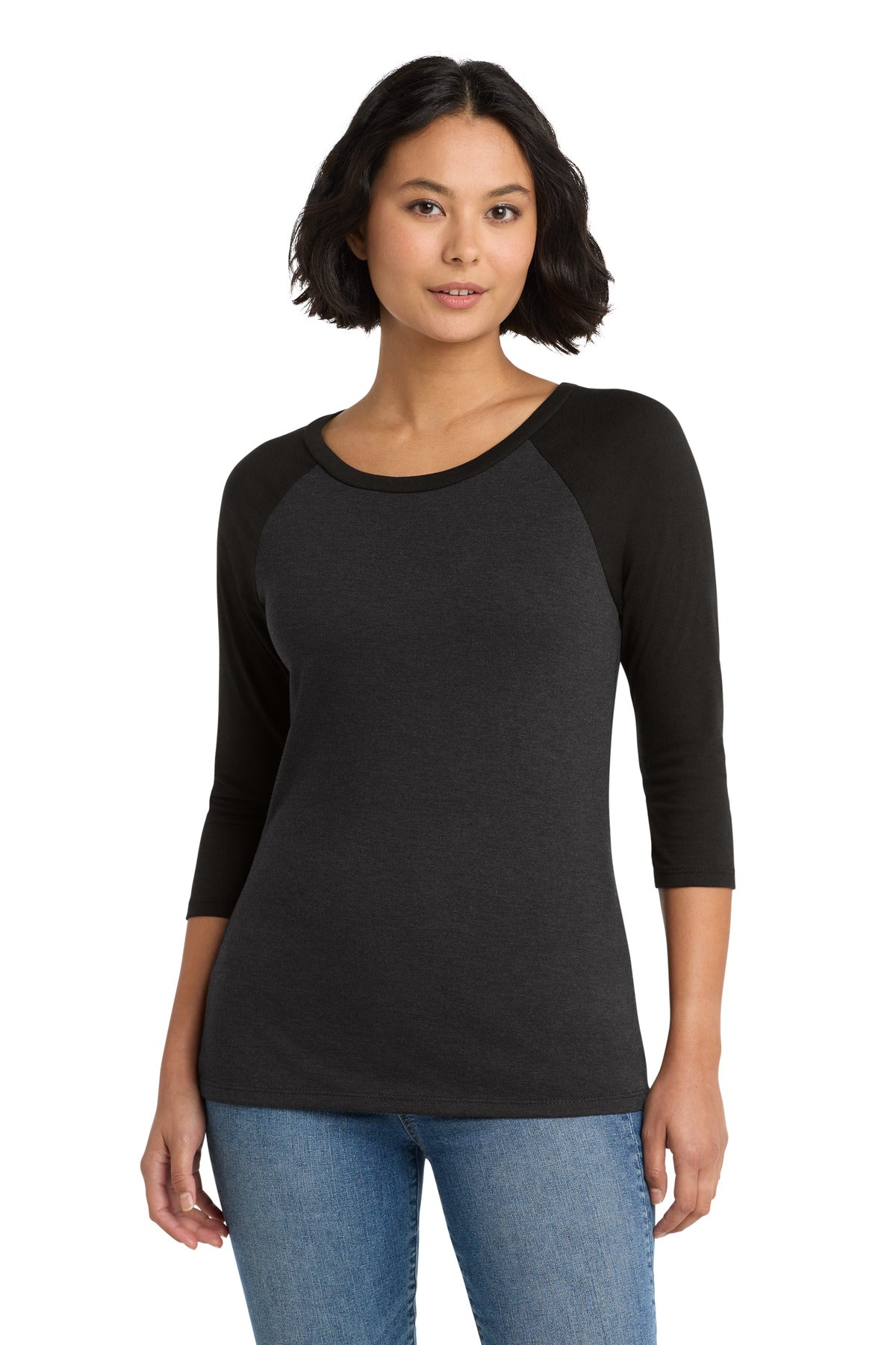 District Women's Perfect Tri 3/4-Sleeve Raglan. DM136L - Black/ Black Frost - front