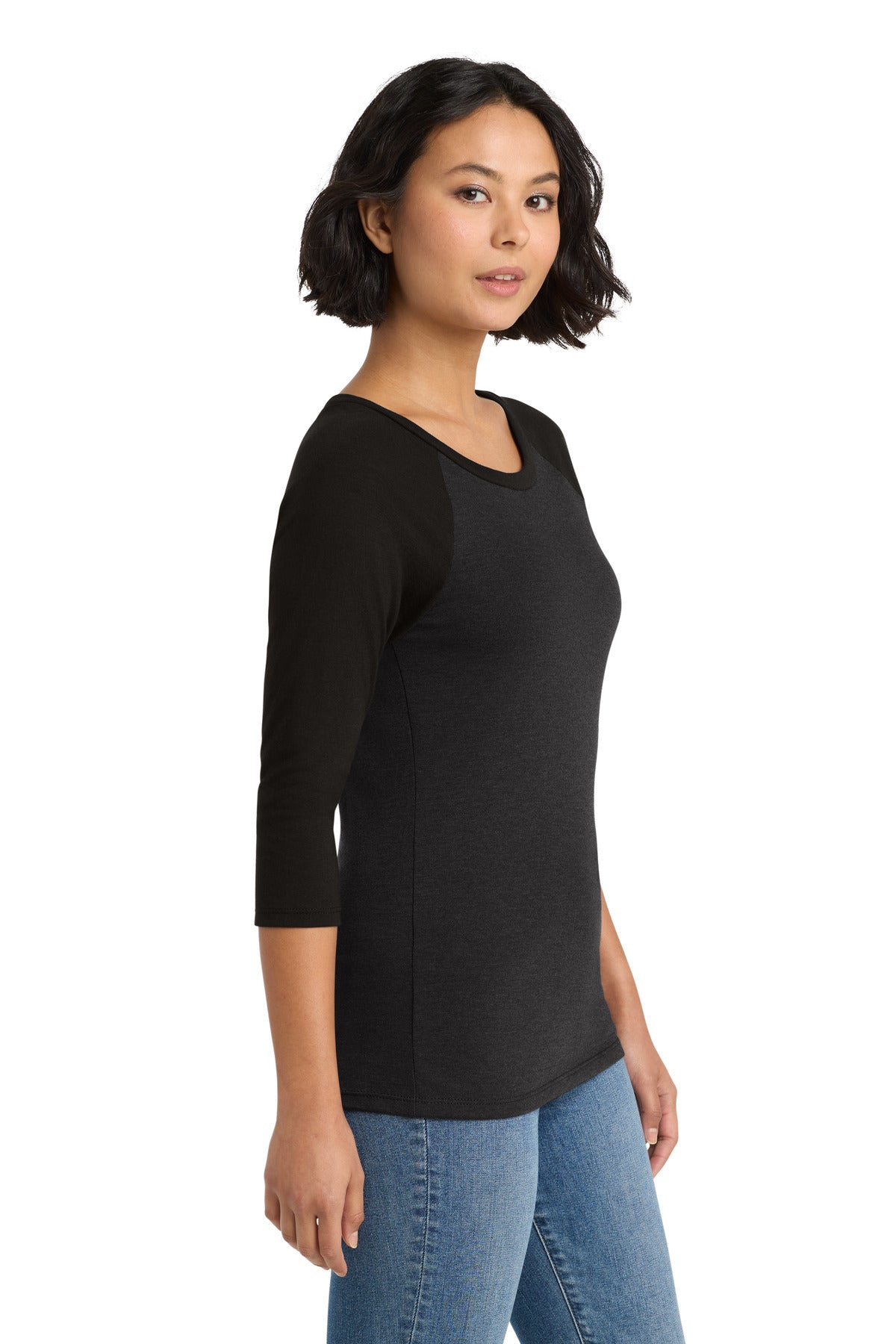 District Women's Perfect Tri 3/4-Sleeve Raglan. DM136L - Black/ Black Frost - side