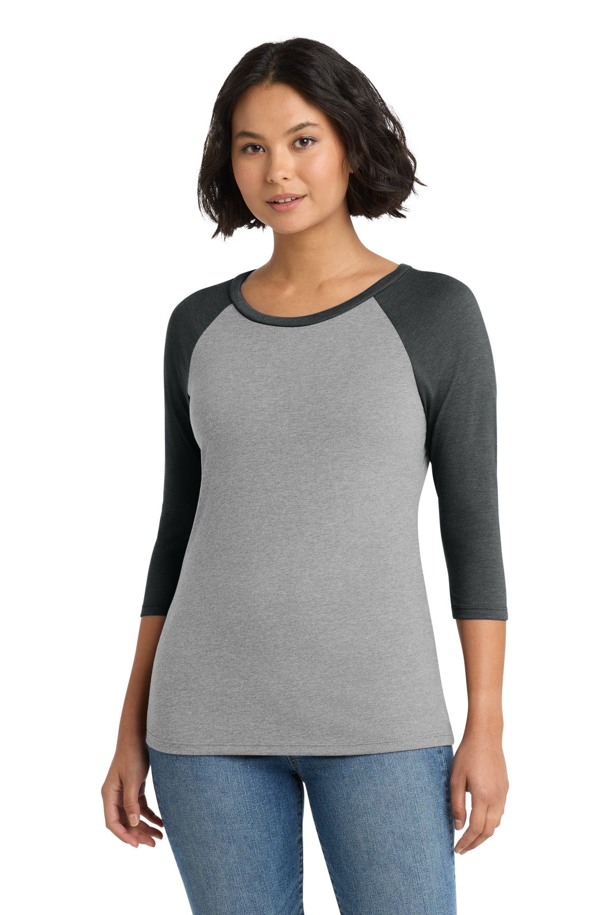 District Women's Perfect Tri 3/4-Sleeve Raglan. DM136L - Black Frost/ Grey Frost - front