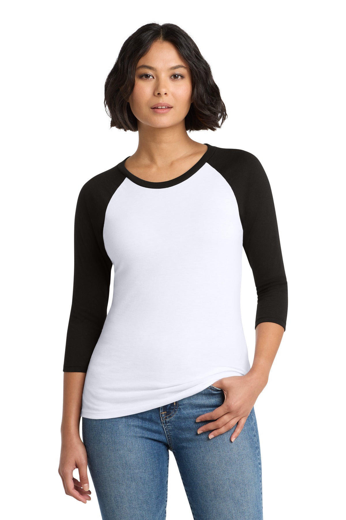 District Women's Perfect Tri 3/4-Sleeve Raglan. DM136L - Black/ White - front