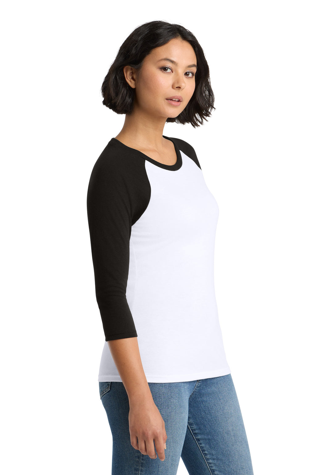 District Women's Perfect Tri 3/4-Sleeve Raglan. DM136L - Black/ White - side