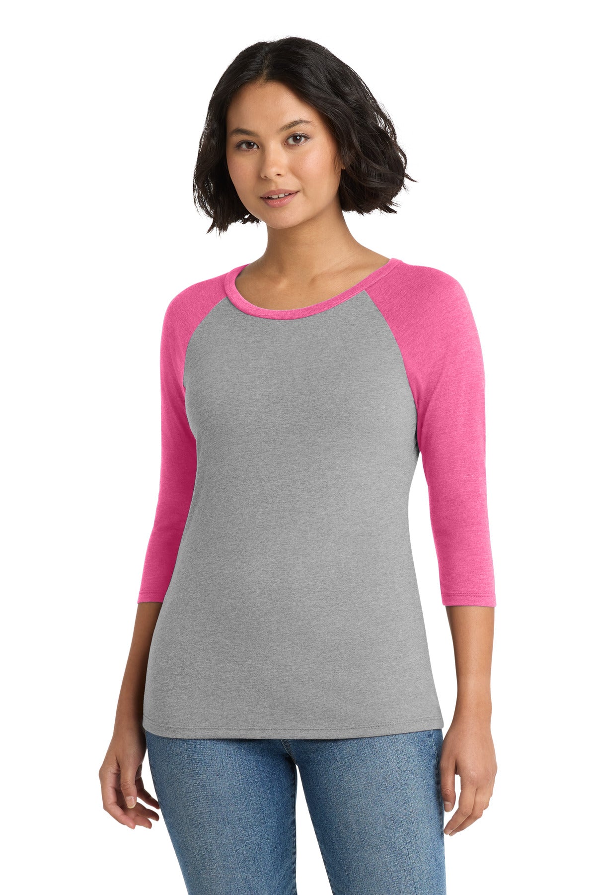 District Women's Perfect Tri 3/4-Sleeve Raglan. DM136L - Fuchsia Frost/ Grey Frost - front