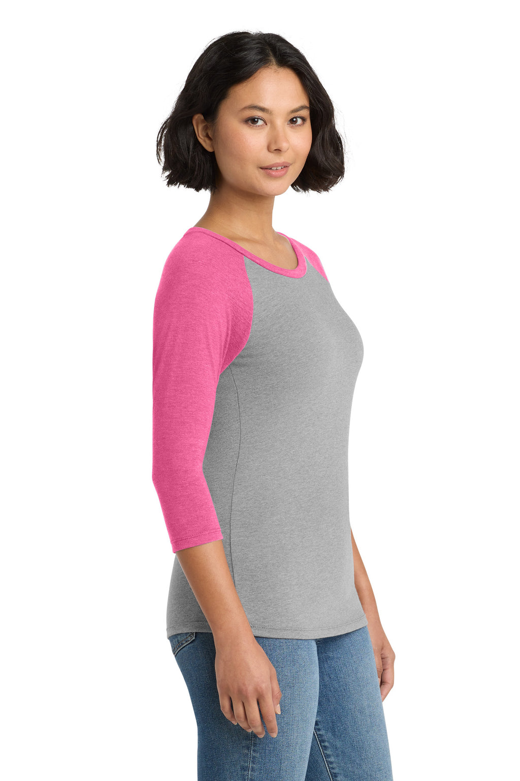 District Women's Perfect Tri 3/4-Sleeve Raglan. DM136L - Fuchsia Frost/ Grey Frost - side