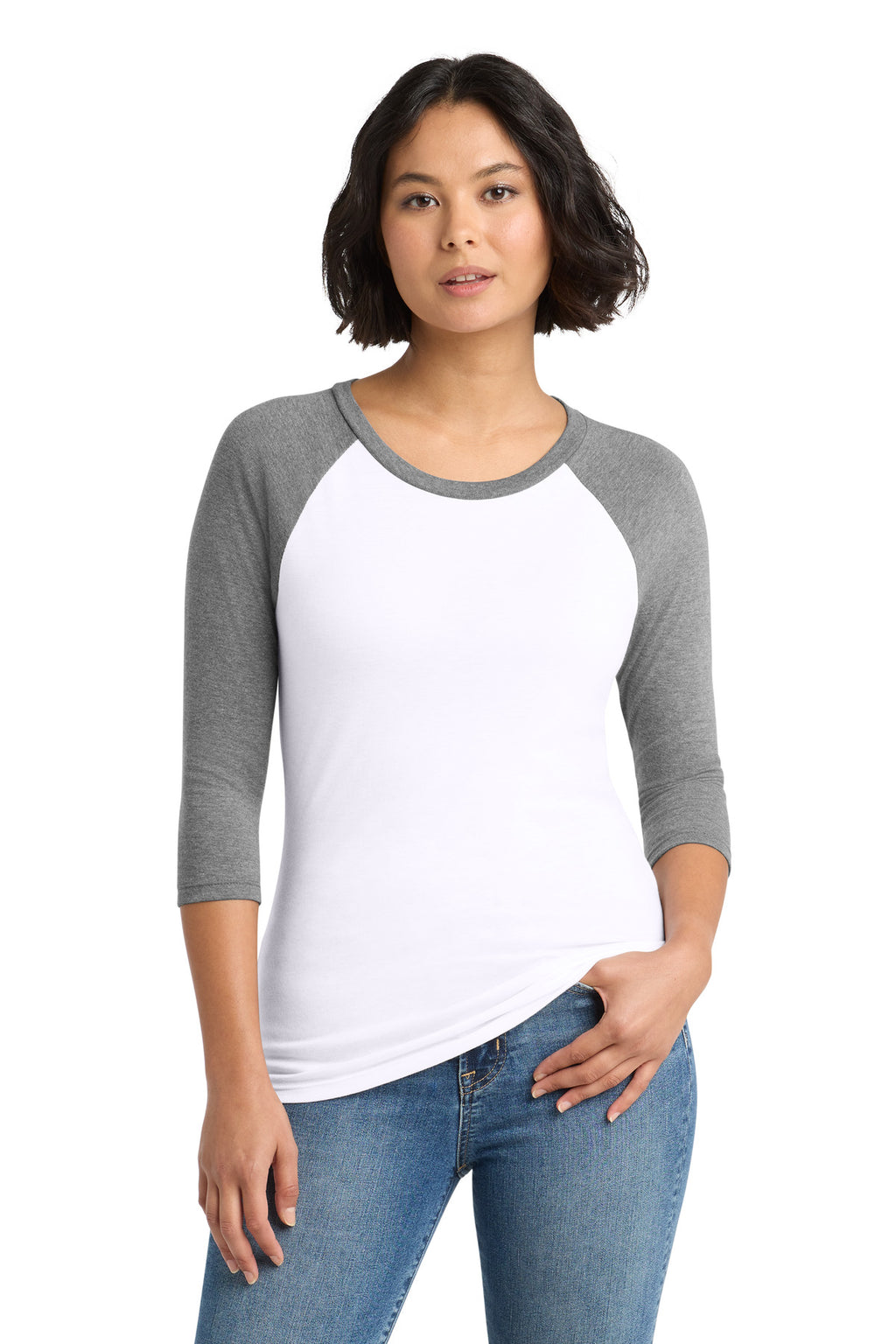 District Women's Perfect Tri 3/4-Sleeve Raglan. DM136L - Grey Frost/ White - front