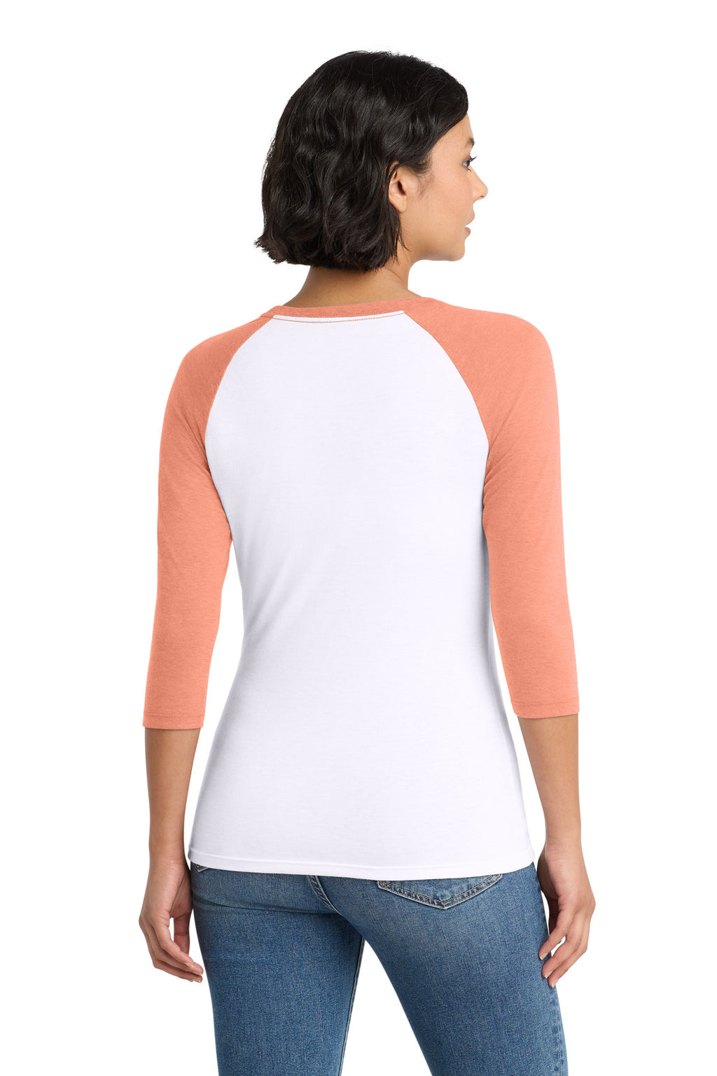 District Women's Perfect Tri 3/4-Sleeve Raglan. DM136L - Heather Dusty Peach/ White - back